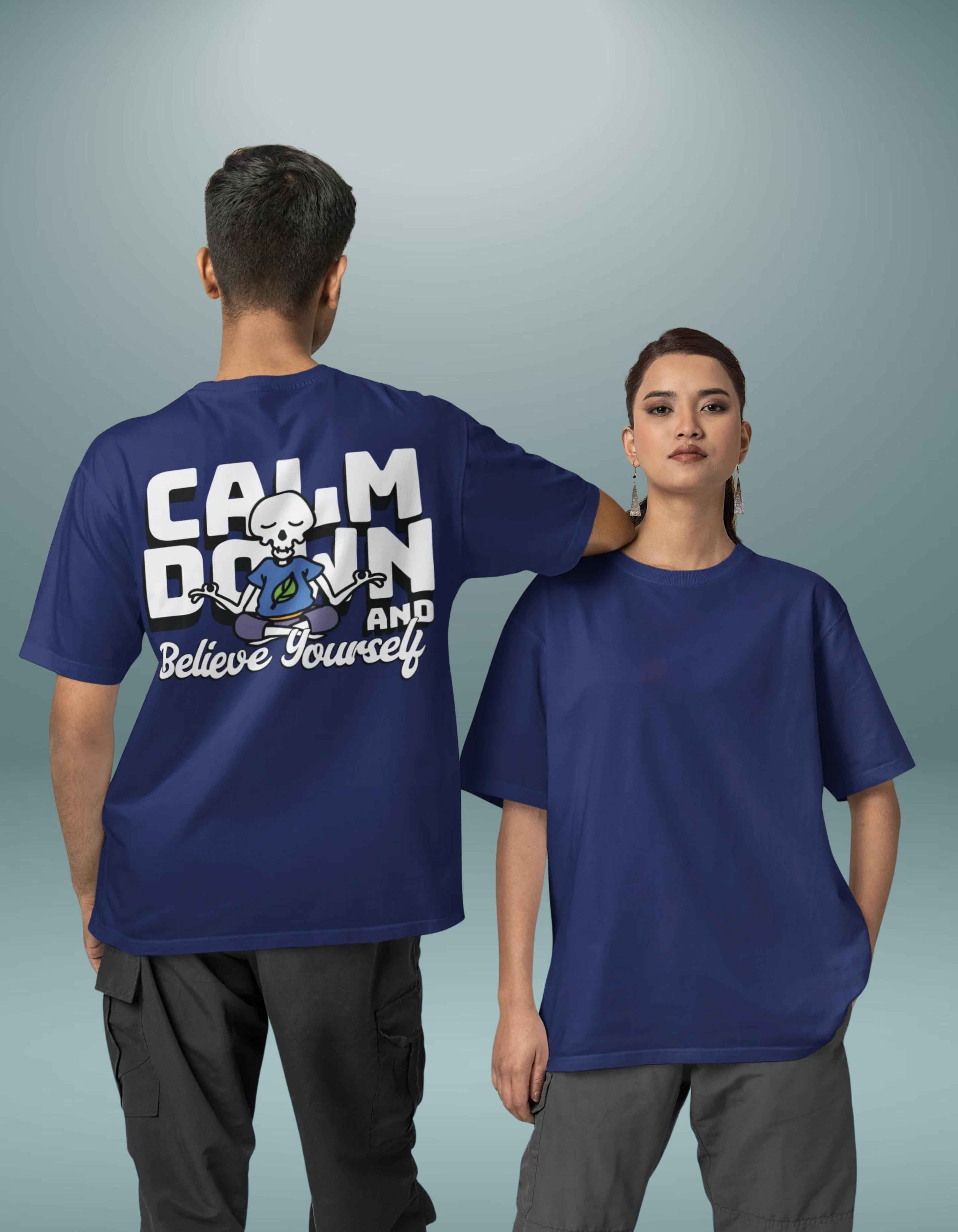 Royal Blue Calm Down Oversized Printed T-Shirt