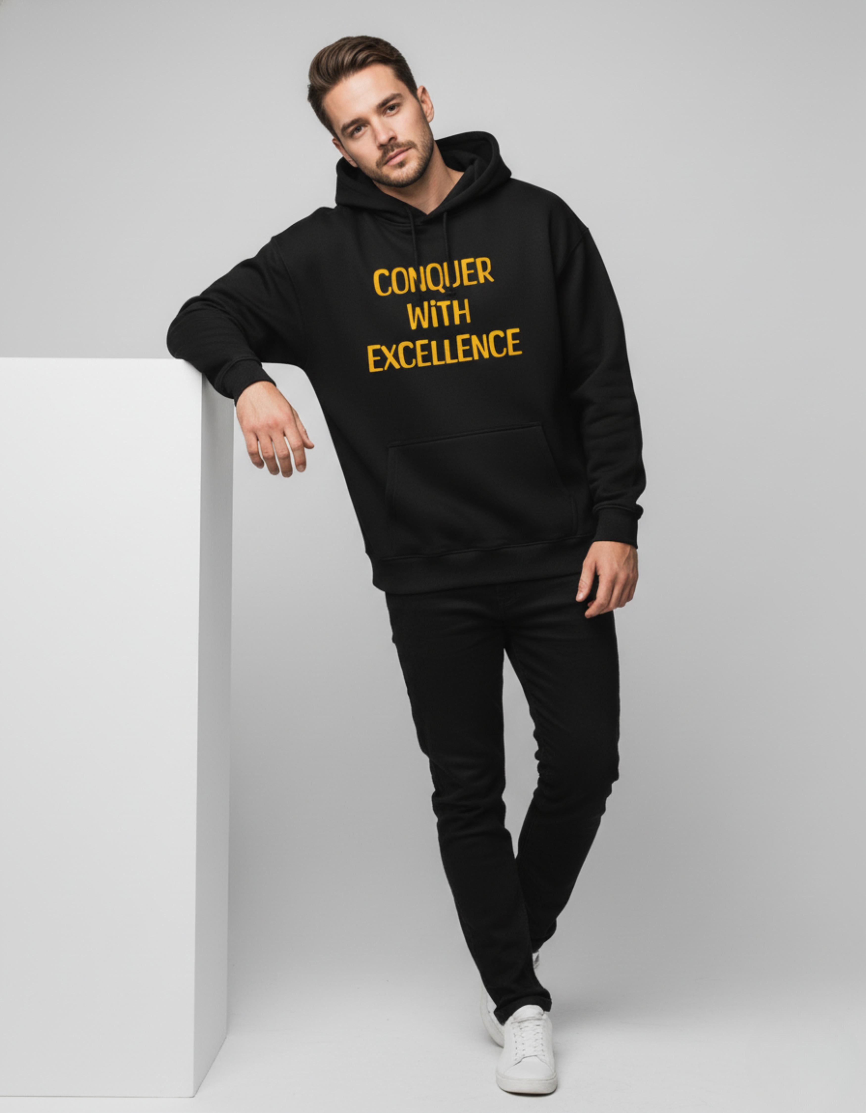 Black Conquer with Excellence Typography Oversized Hoodie