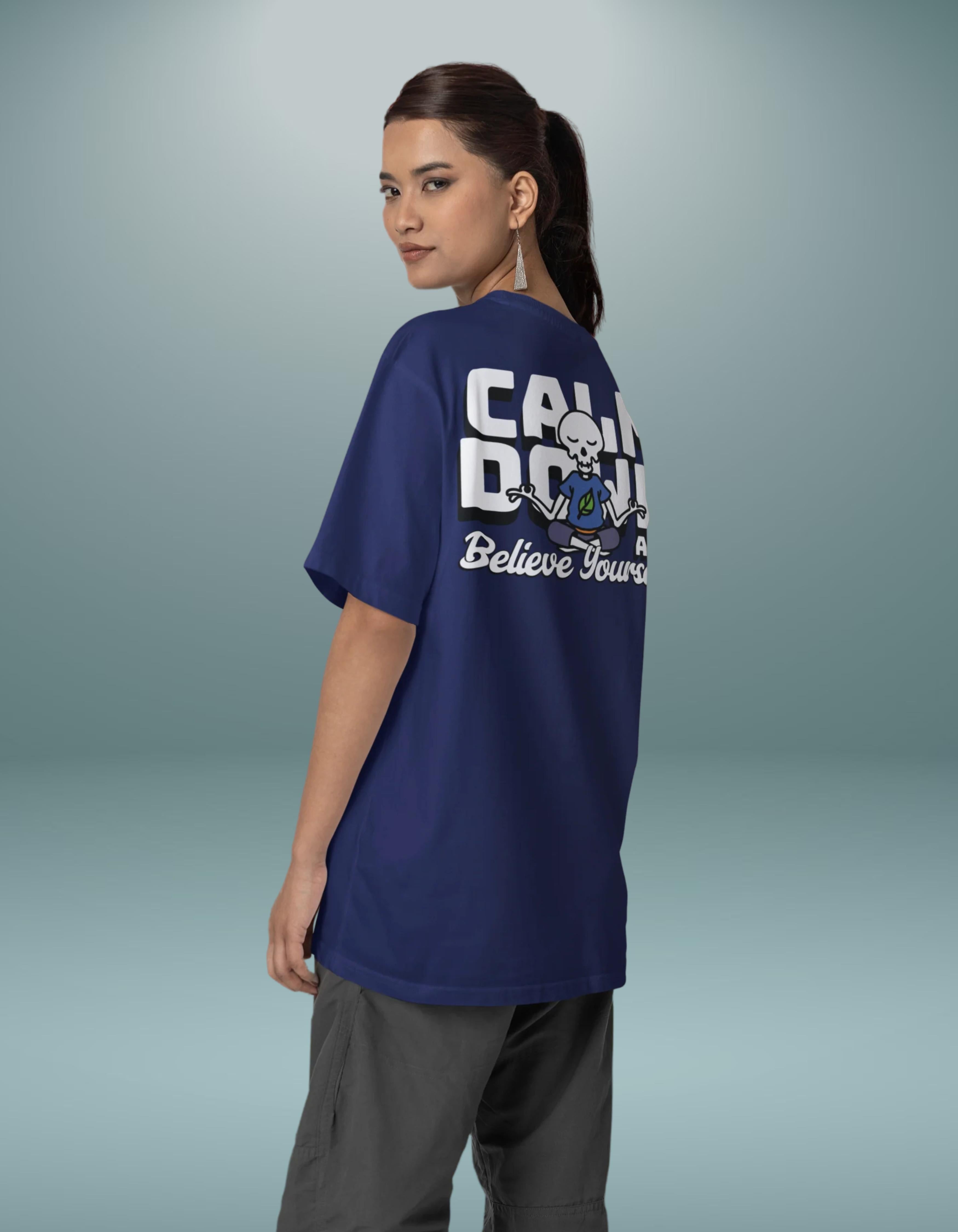 Royal Blue Calm Down Oversized Printed T-Shirt