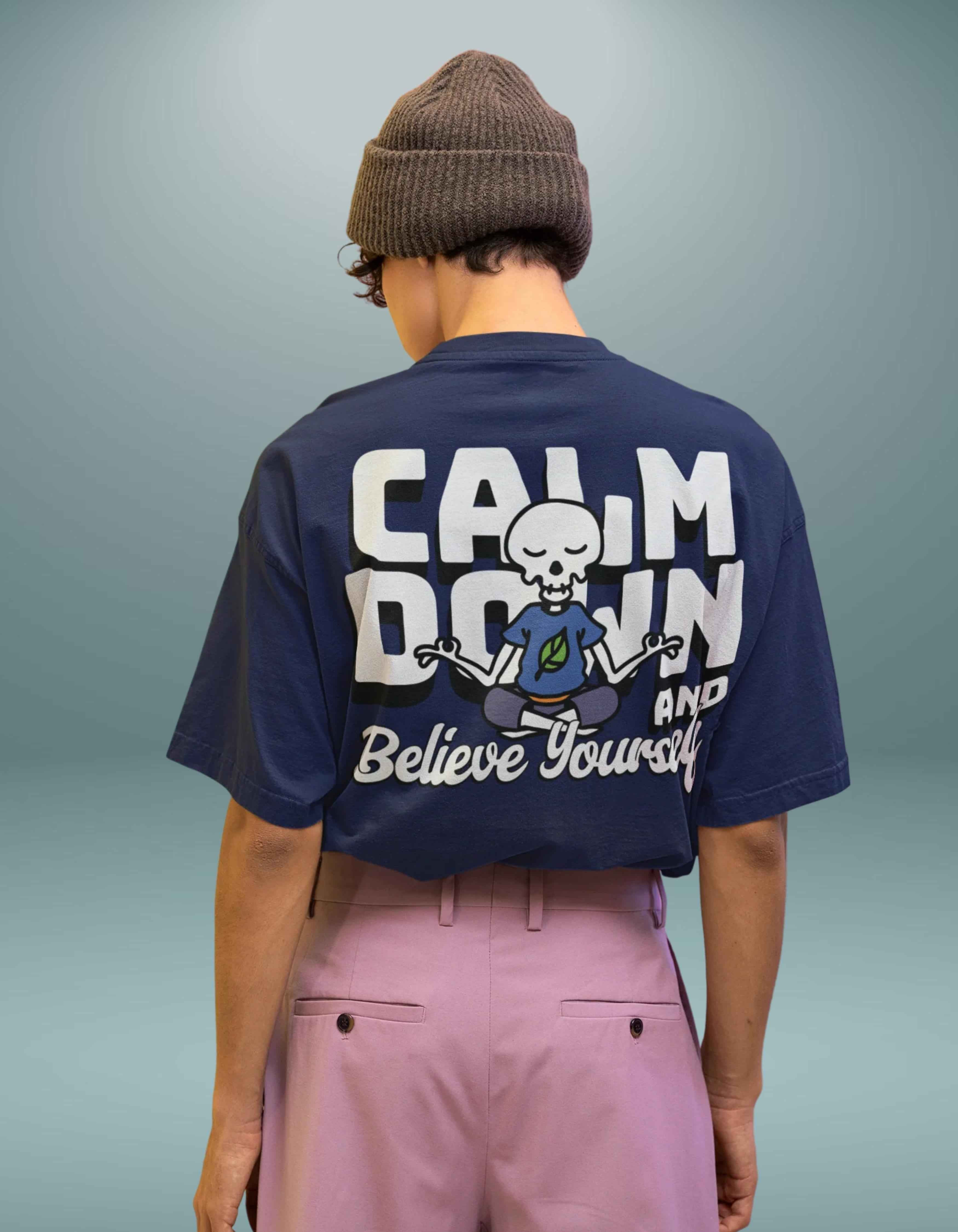Royal Blue Calm Down Oversized Printed T-Shirt