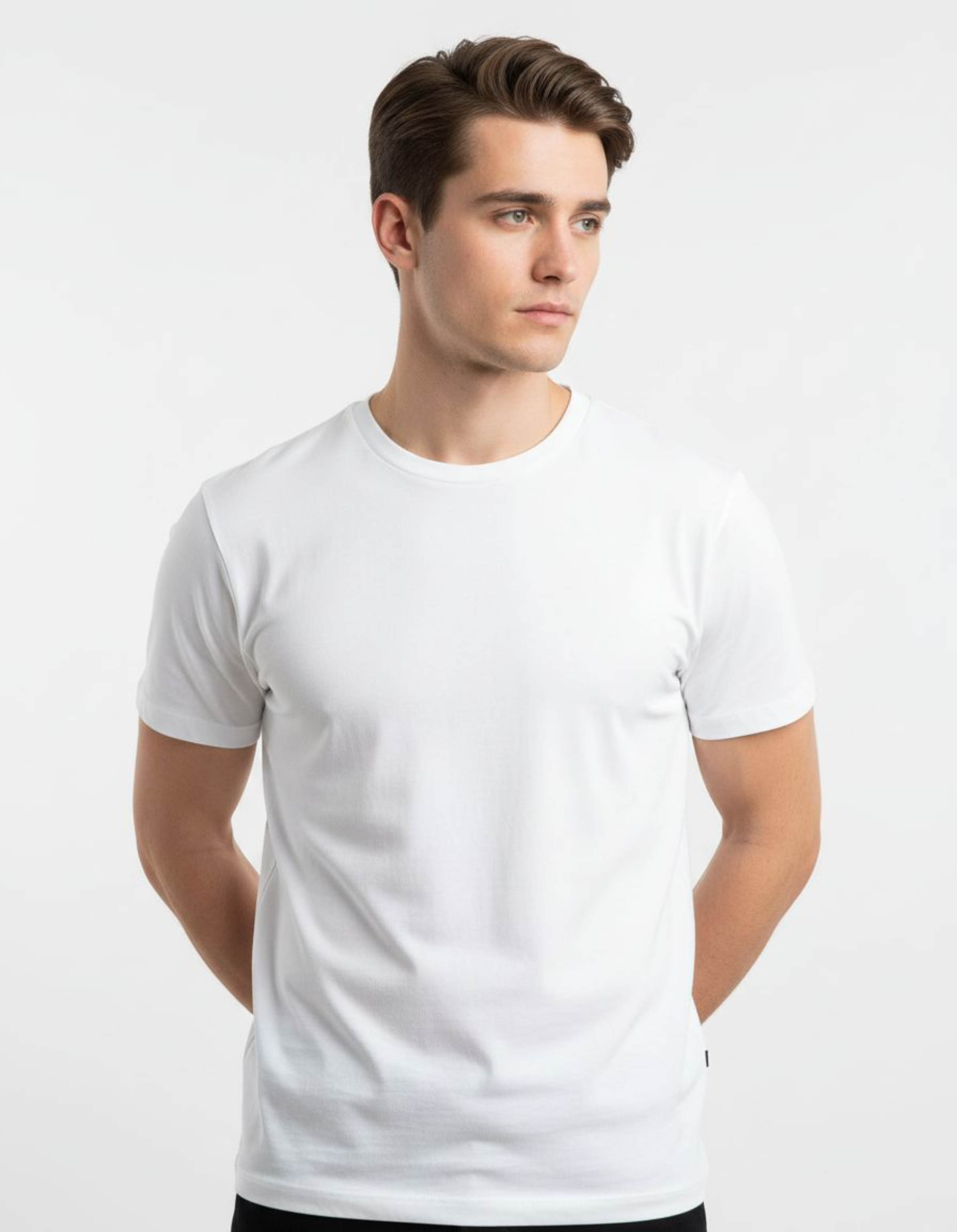 Man wearing a white t-shirt against a plain background