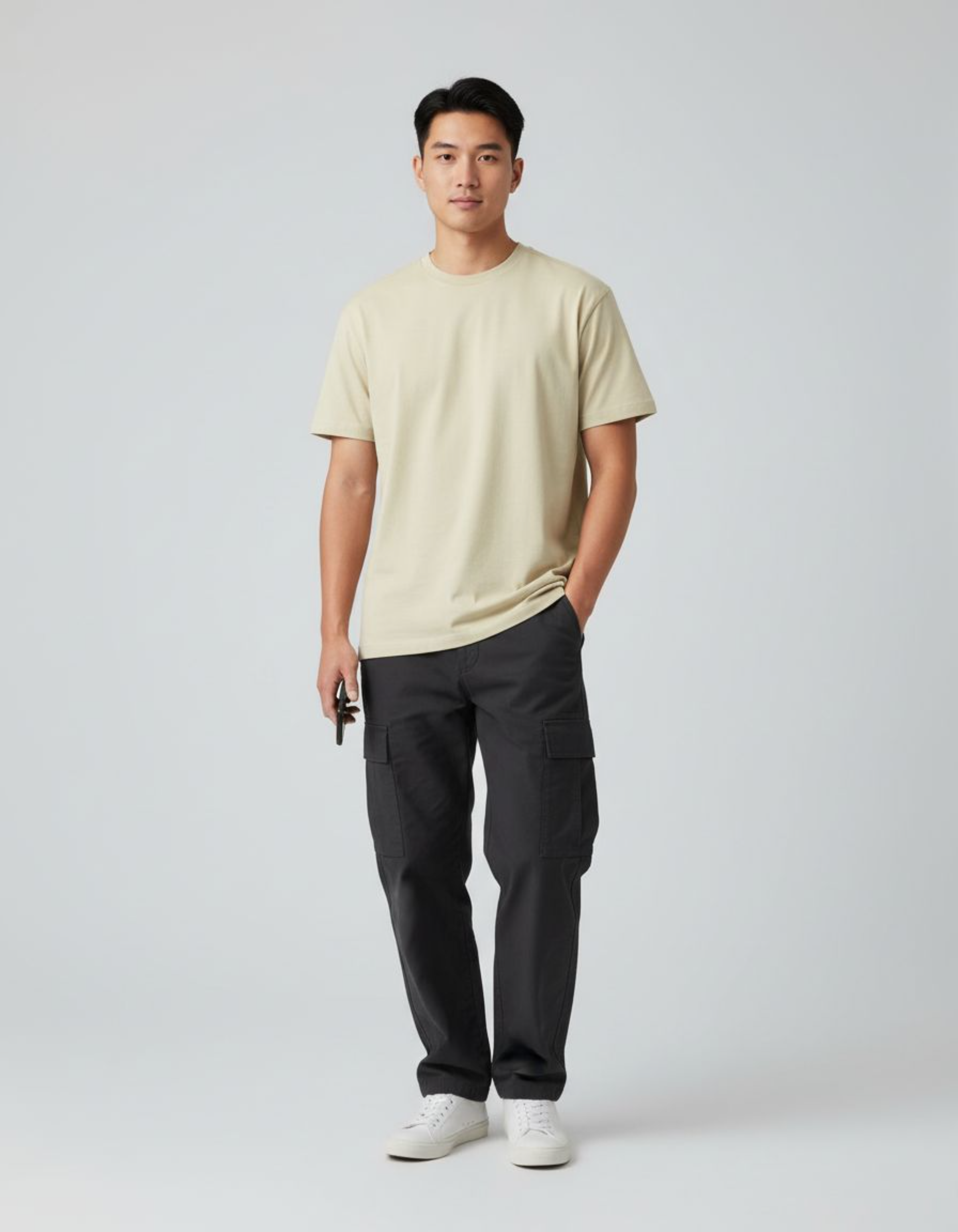 Man wearing a beige t-shirt and black pants on a white background