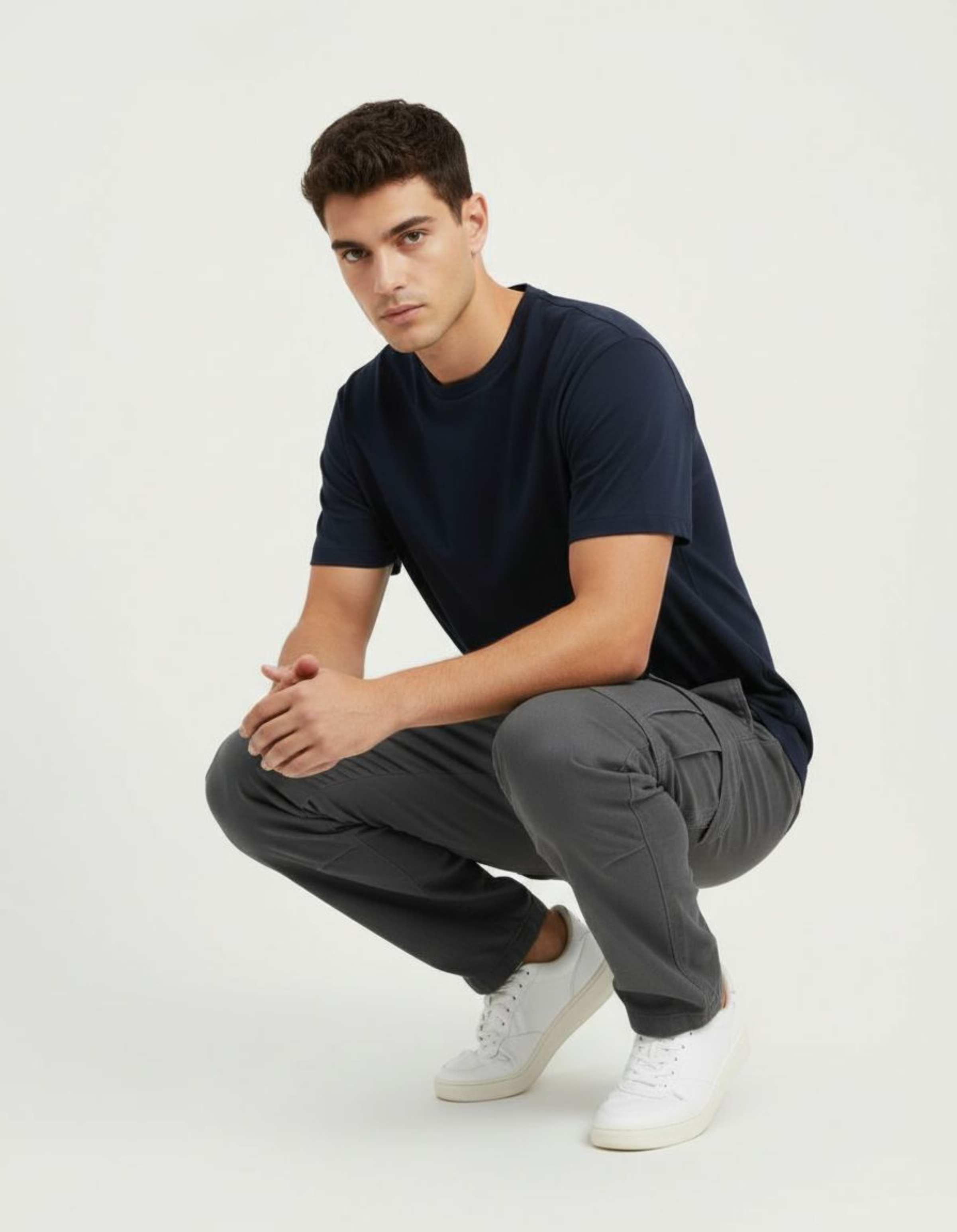 Man wearing a navy t-shirt, gray pants, and white sneakers on a white background