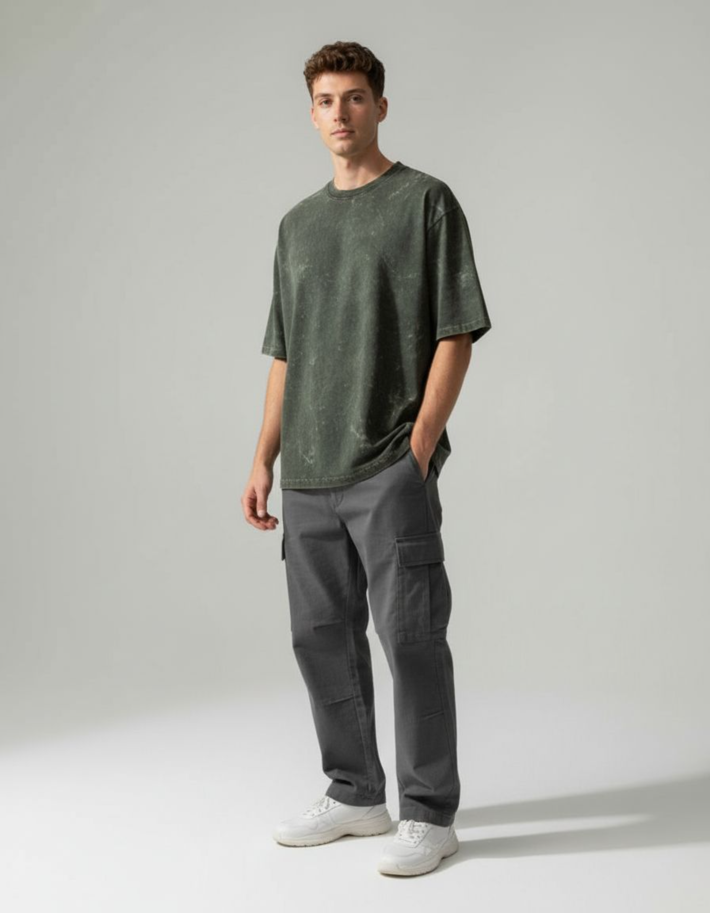 Man wearing an oversized acid washed t-shirt and gray cargo pants on a white background