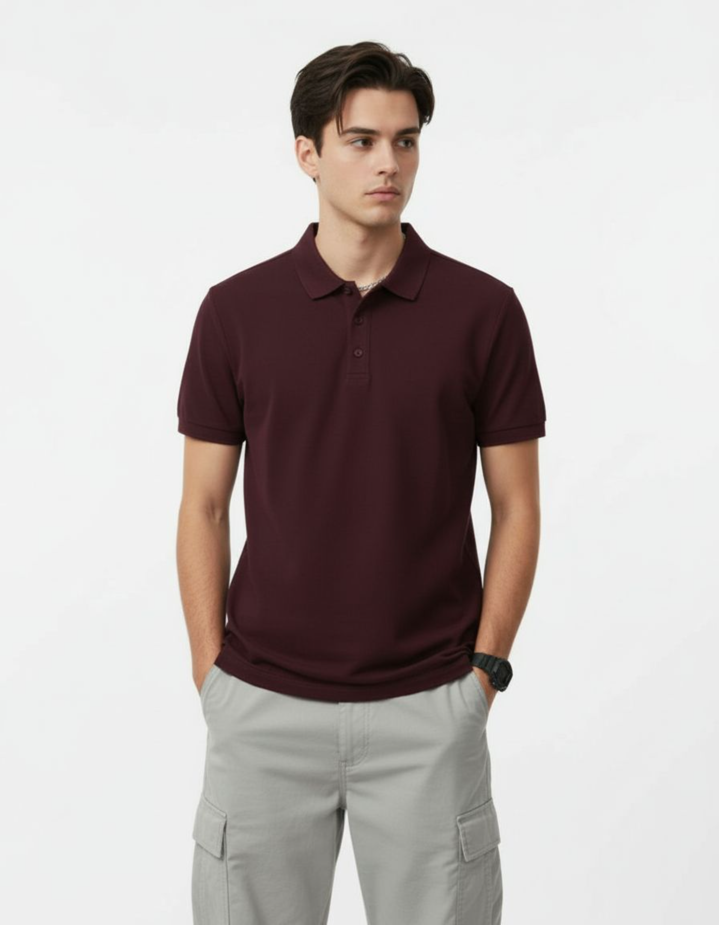 Person wearing a maroon polo shirt