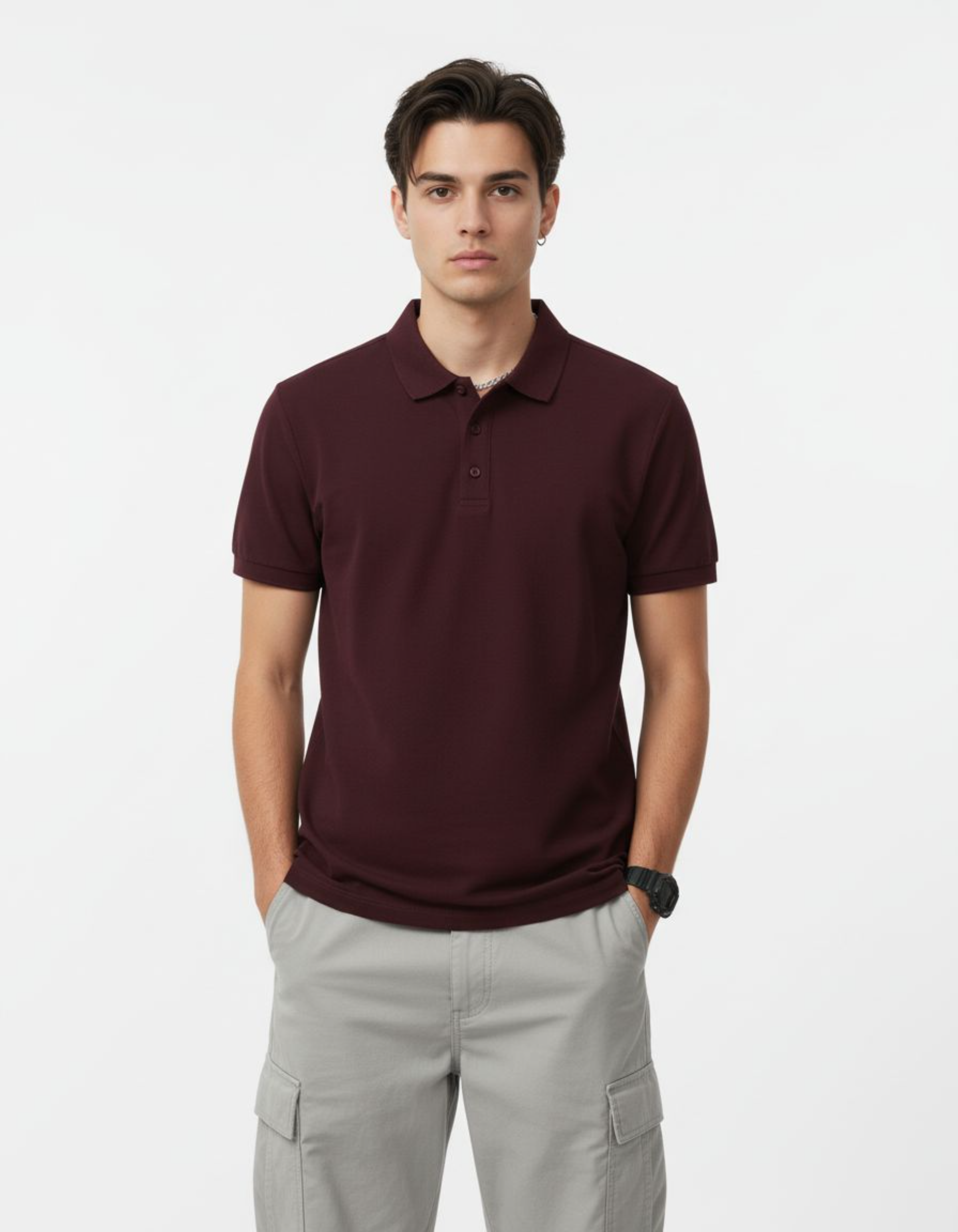 Person wearing a maroon polo shirt and cargo pants on a light gray background