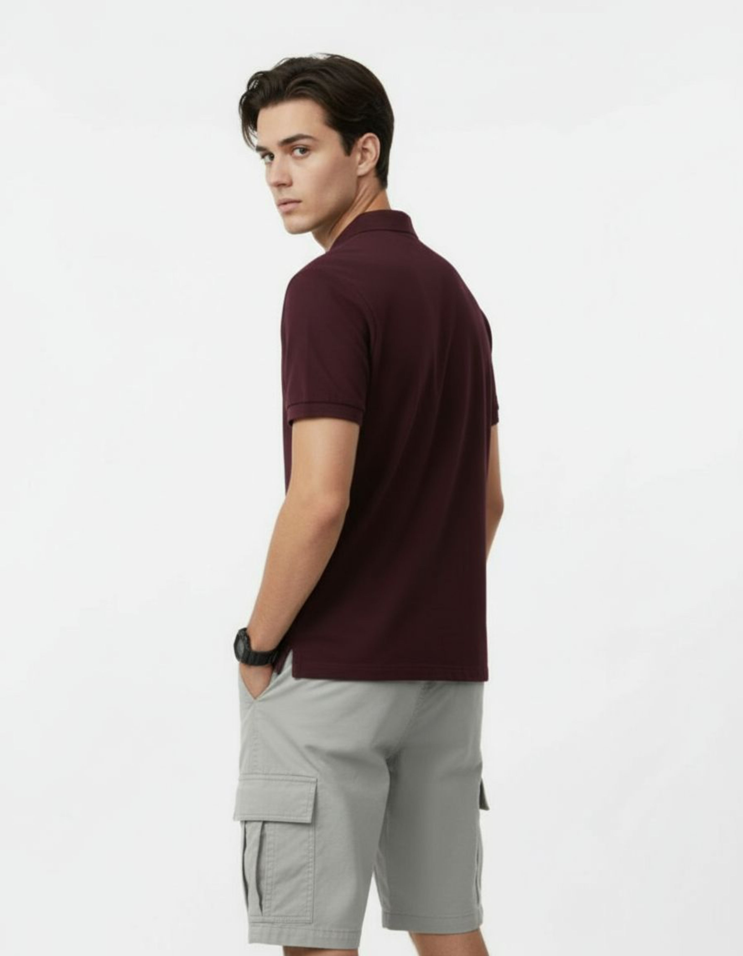 Maroon polo shirt on a light gray background