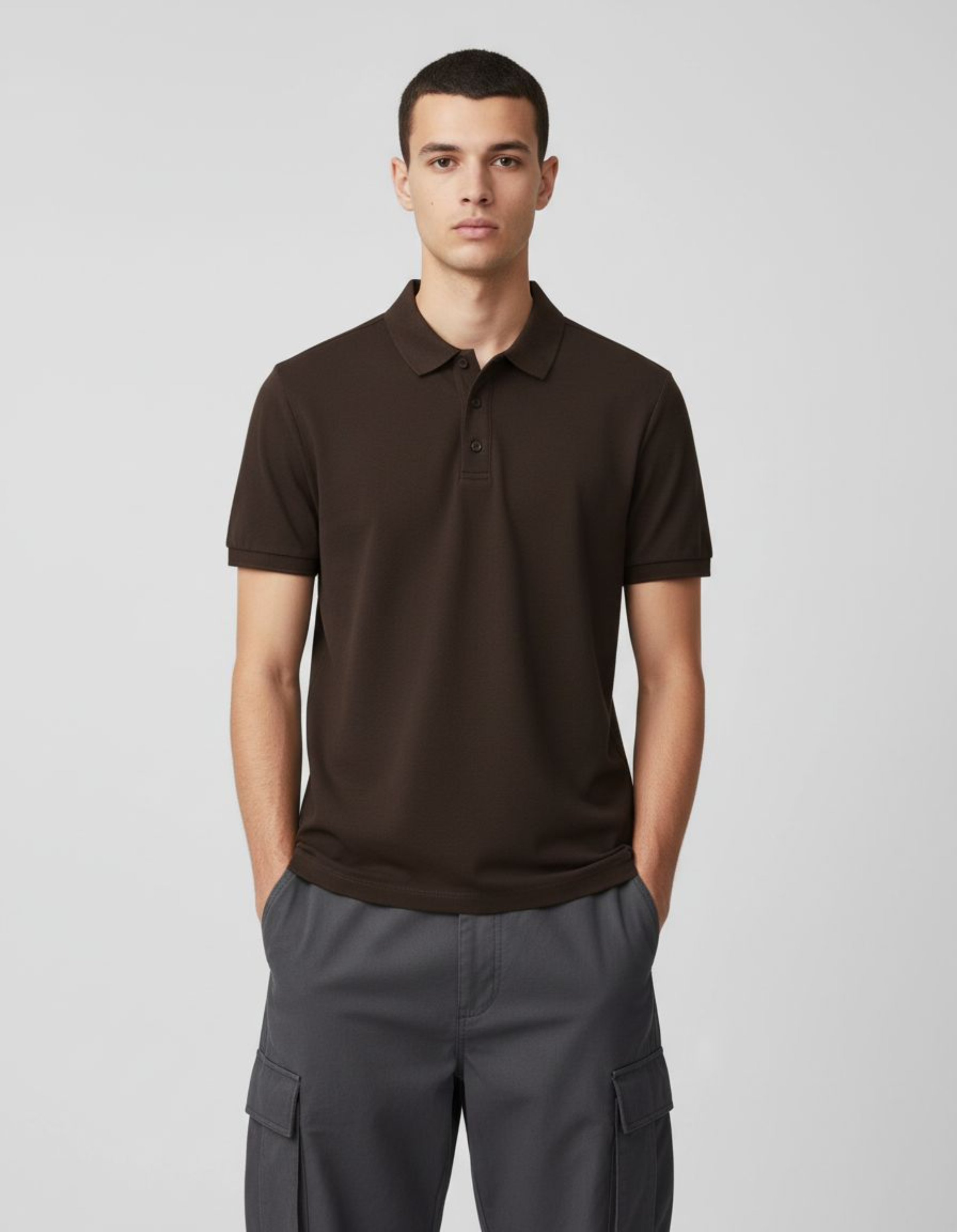 Man wearing a brown polo shirt and gray cargo pants on a light gray background