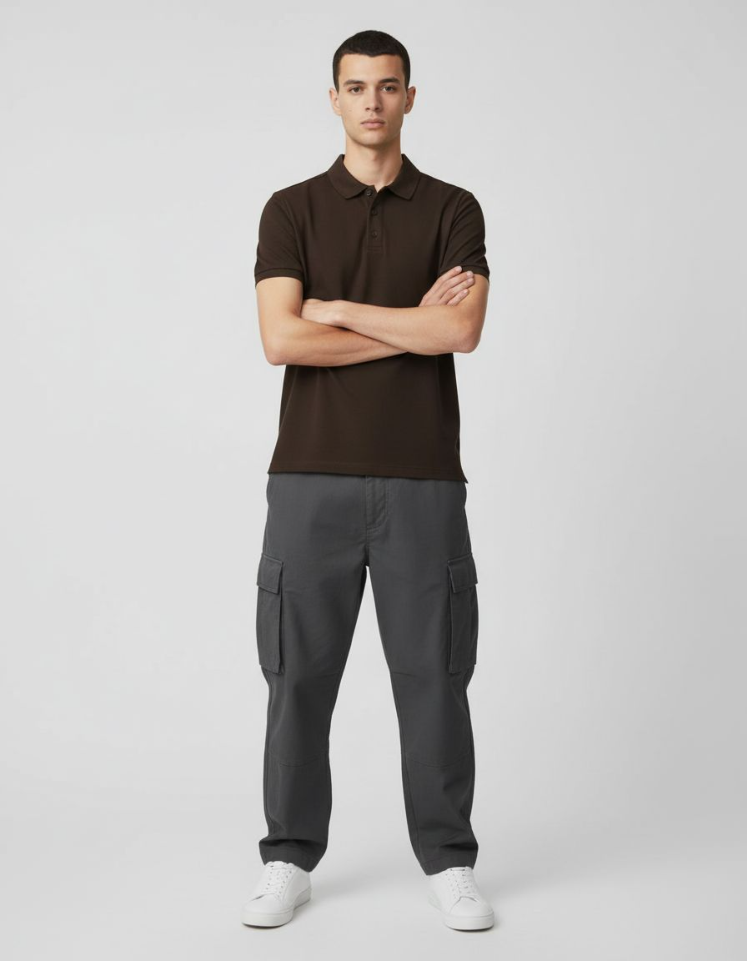 Man wearing a brown polo shirt and gray cargo pants on a white background