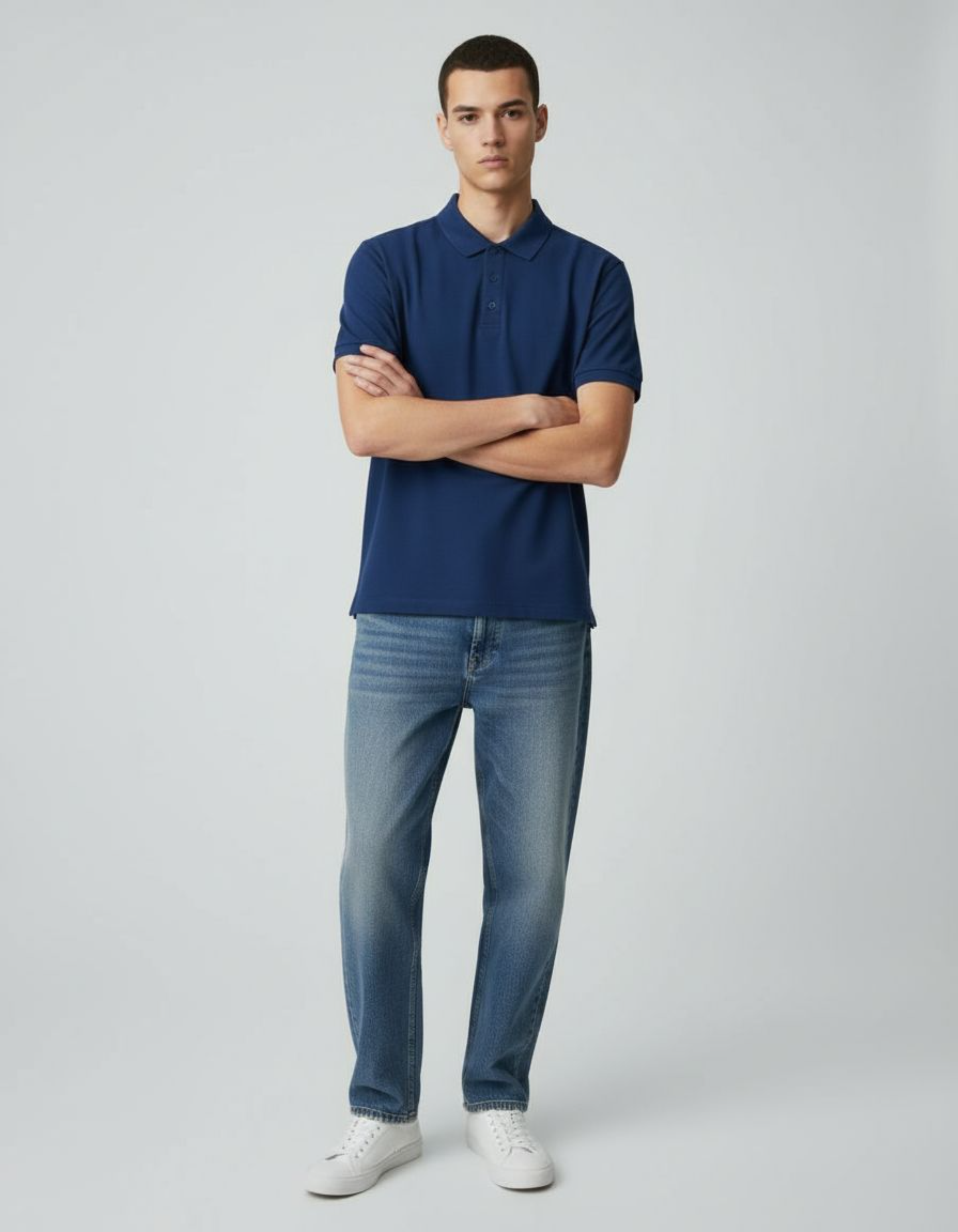 Man wearing a royal blue polo shirt and light blue jeans standing against a plain background