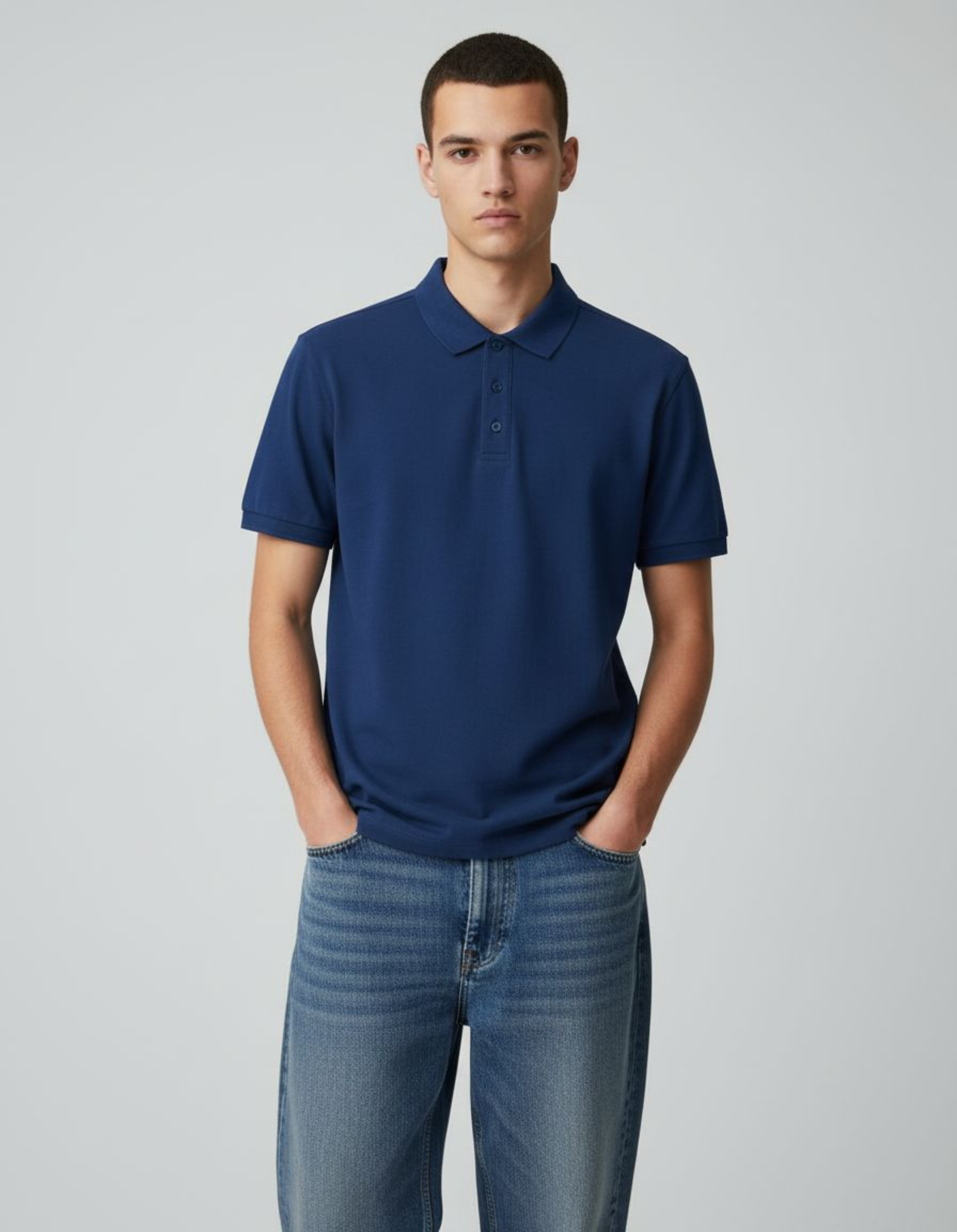 Man wearing a royal blue polo shirt and light blue jeans against a gray background