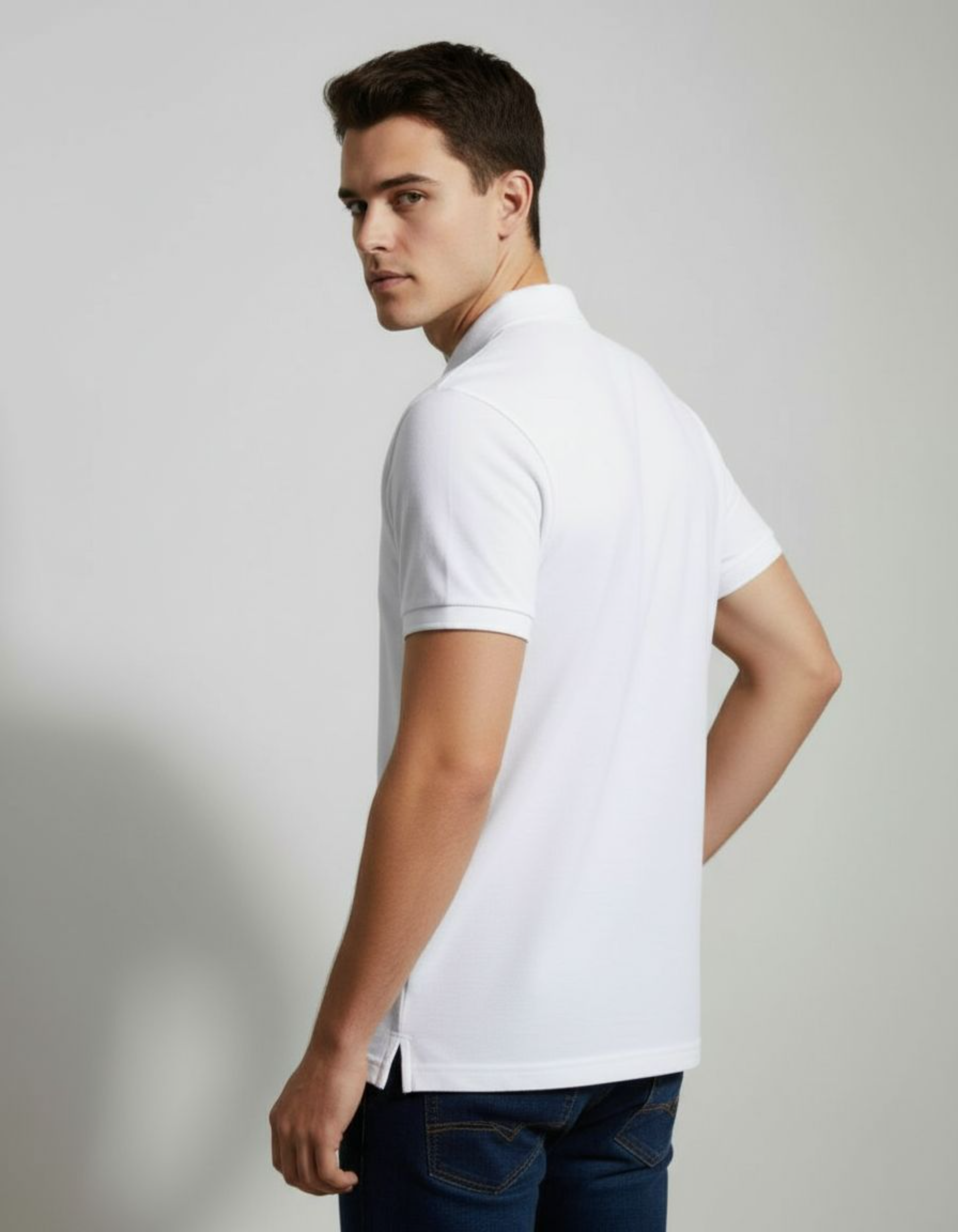 Man wearing a white polo shirt and dark jeans against a plain background