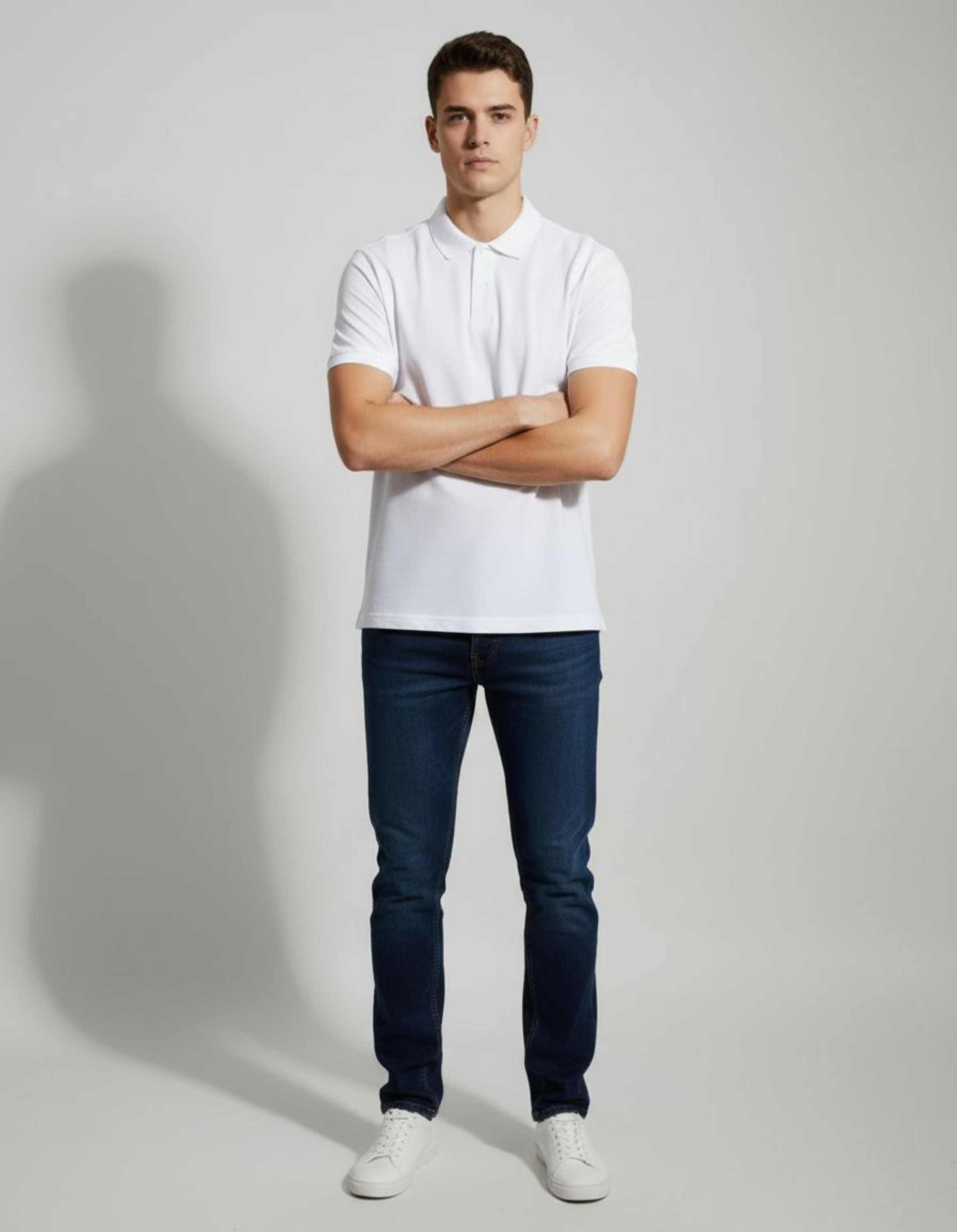Man wearing a white polo shirt and dark jeans standing against a plain background