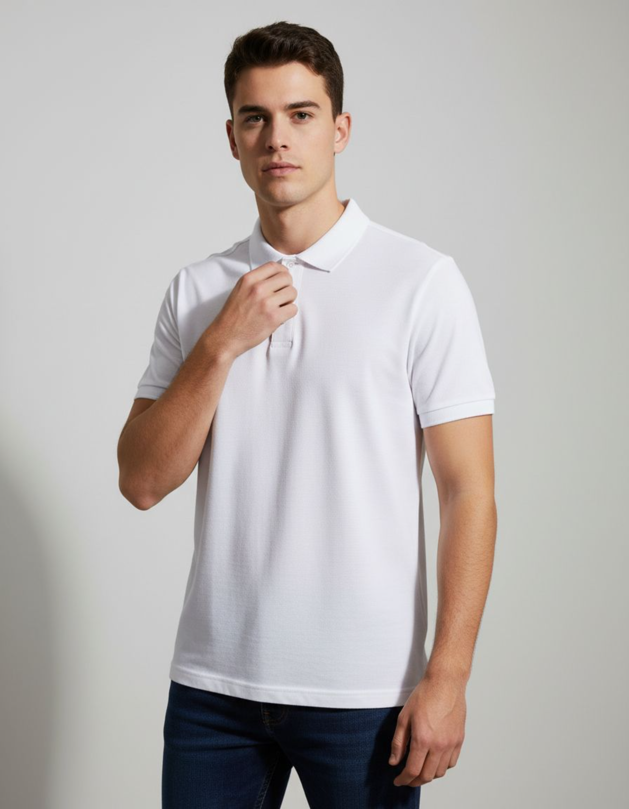 Man wearing a white polo shirt against a plain background