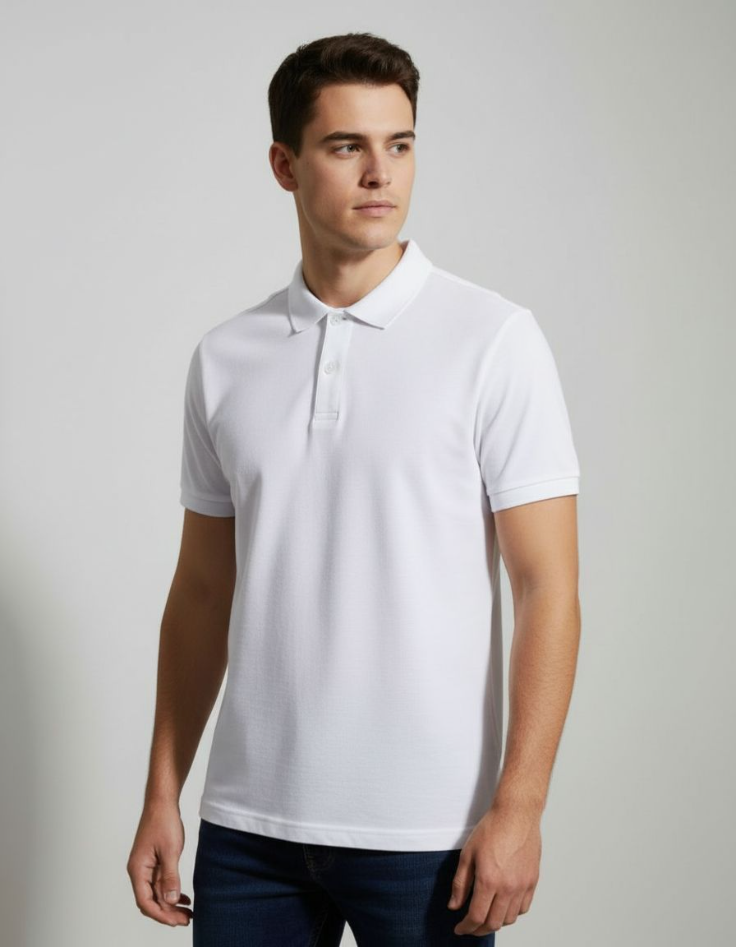 Man wearing a white polo shirt against a plain background