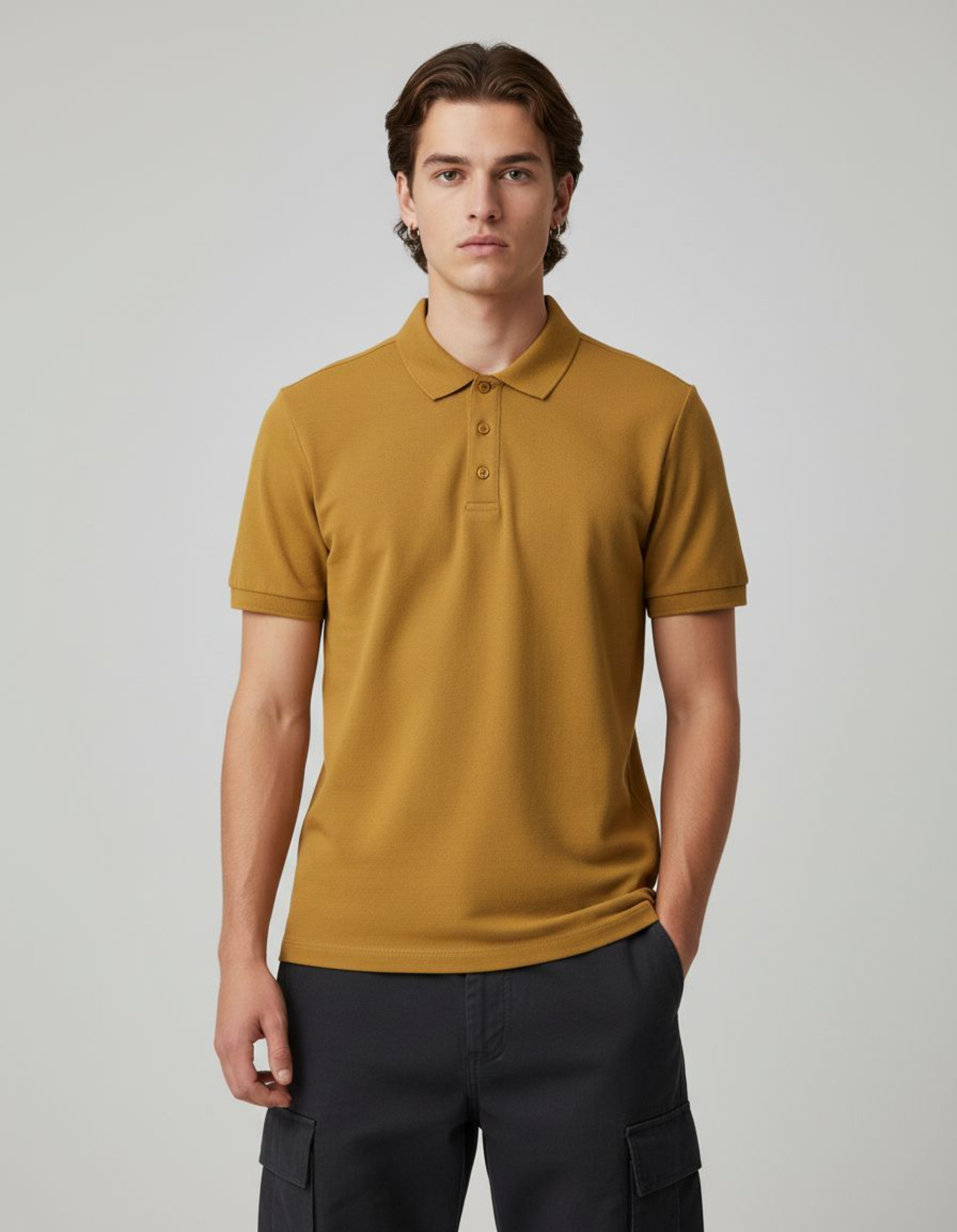 Man wearing a mustard yellow polo shirt against a plain background