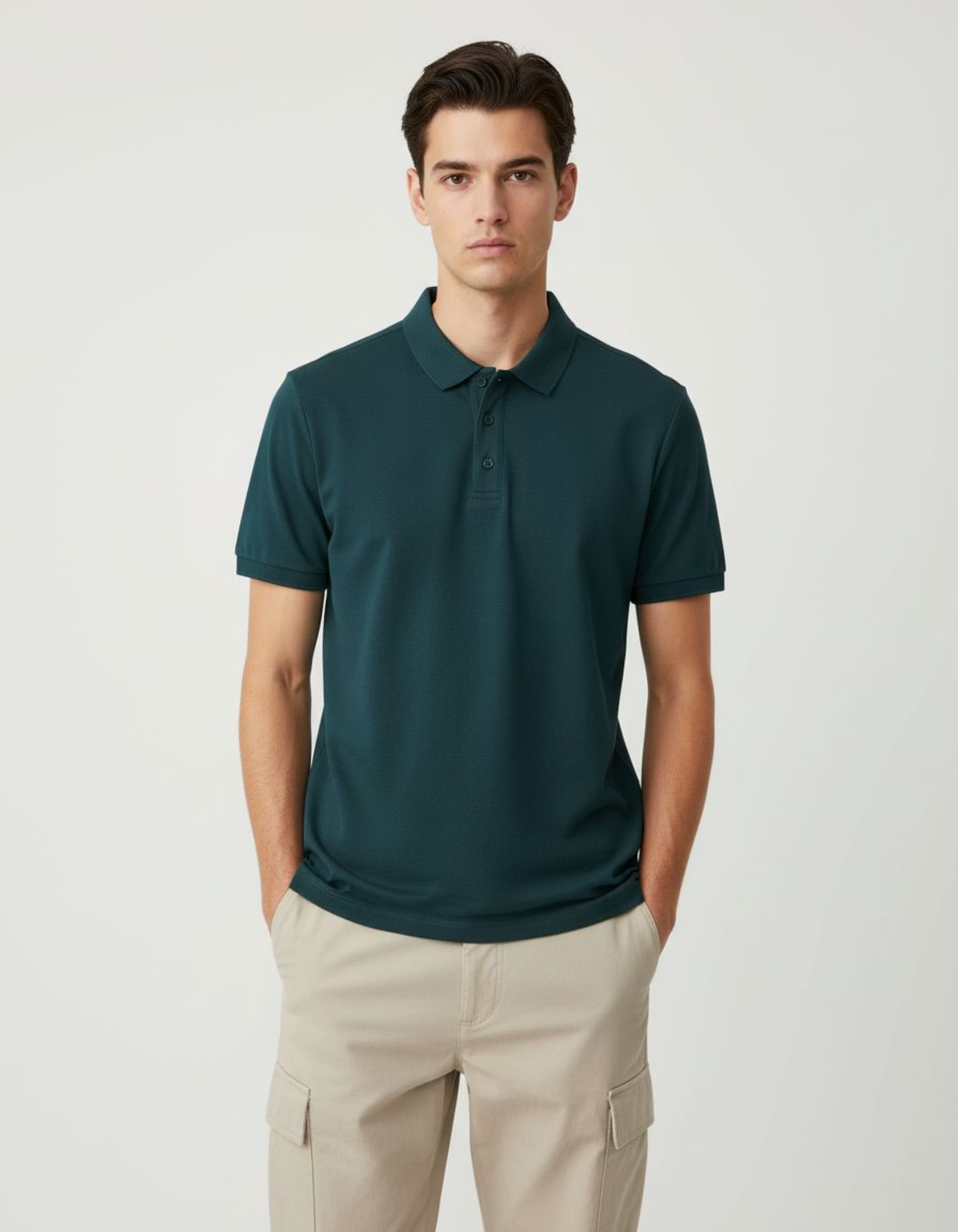 Man wearing a petrol blue polo shirt and beige pants on a light gray background