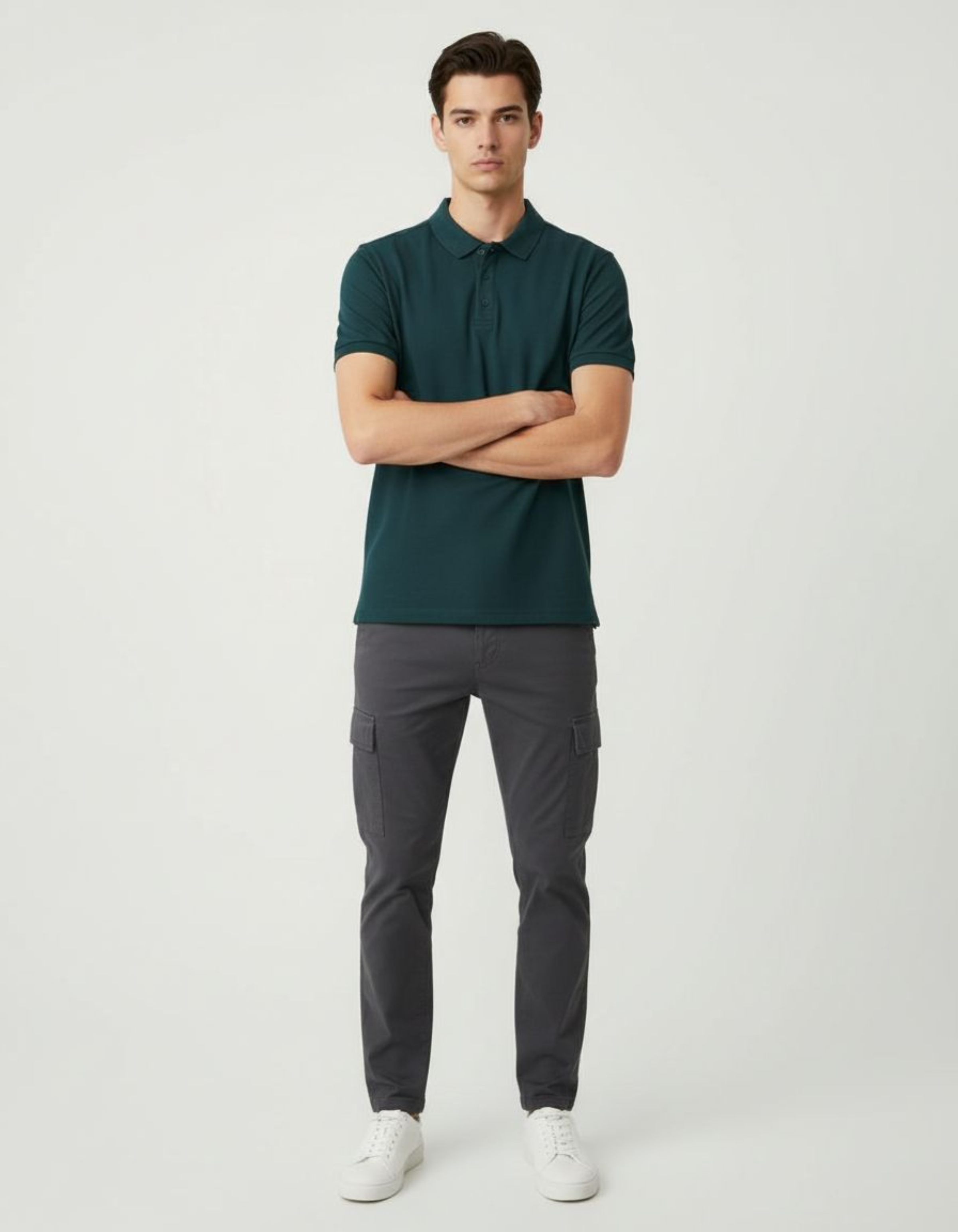 Man wearing a petrol blue polo shirt and gray cargo pants on a white background