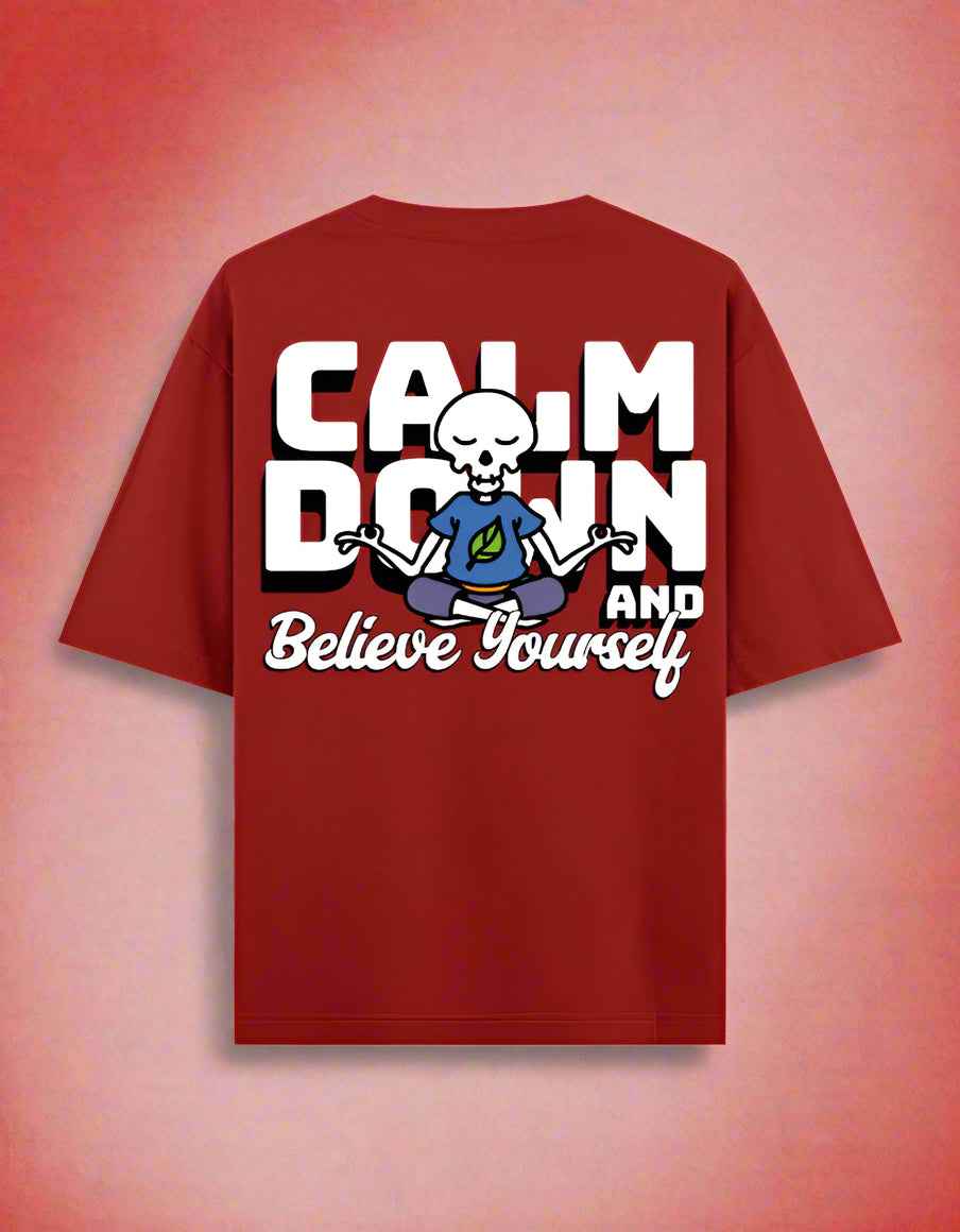 Red Calm Down Oversized Printed T-Shirt