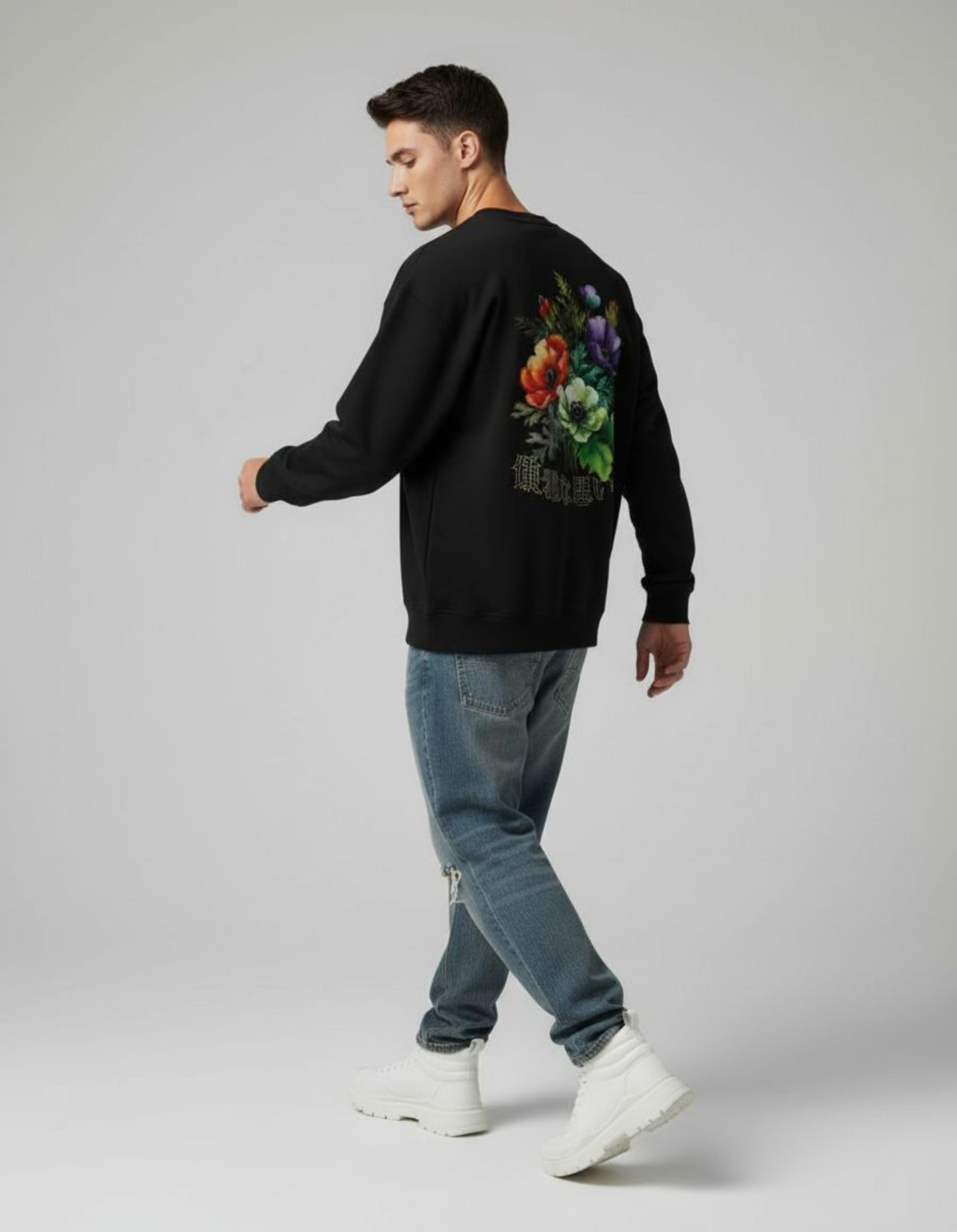 Black Floral Printed Oversized Sweatshirt