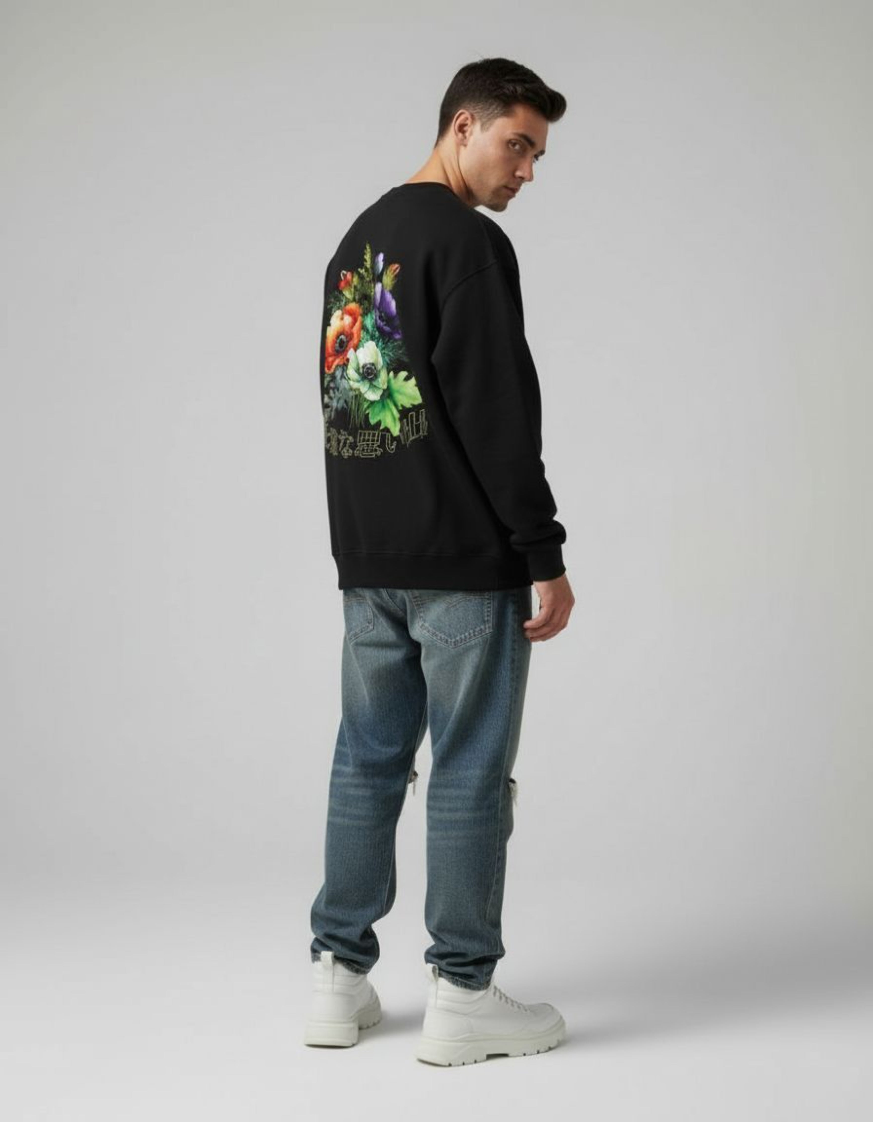 Black Floral Printed Oversized Sweatshirt