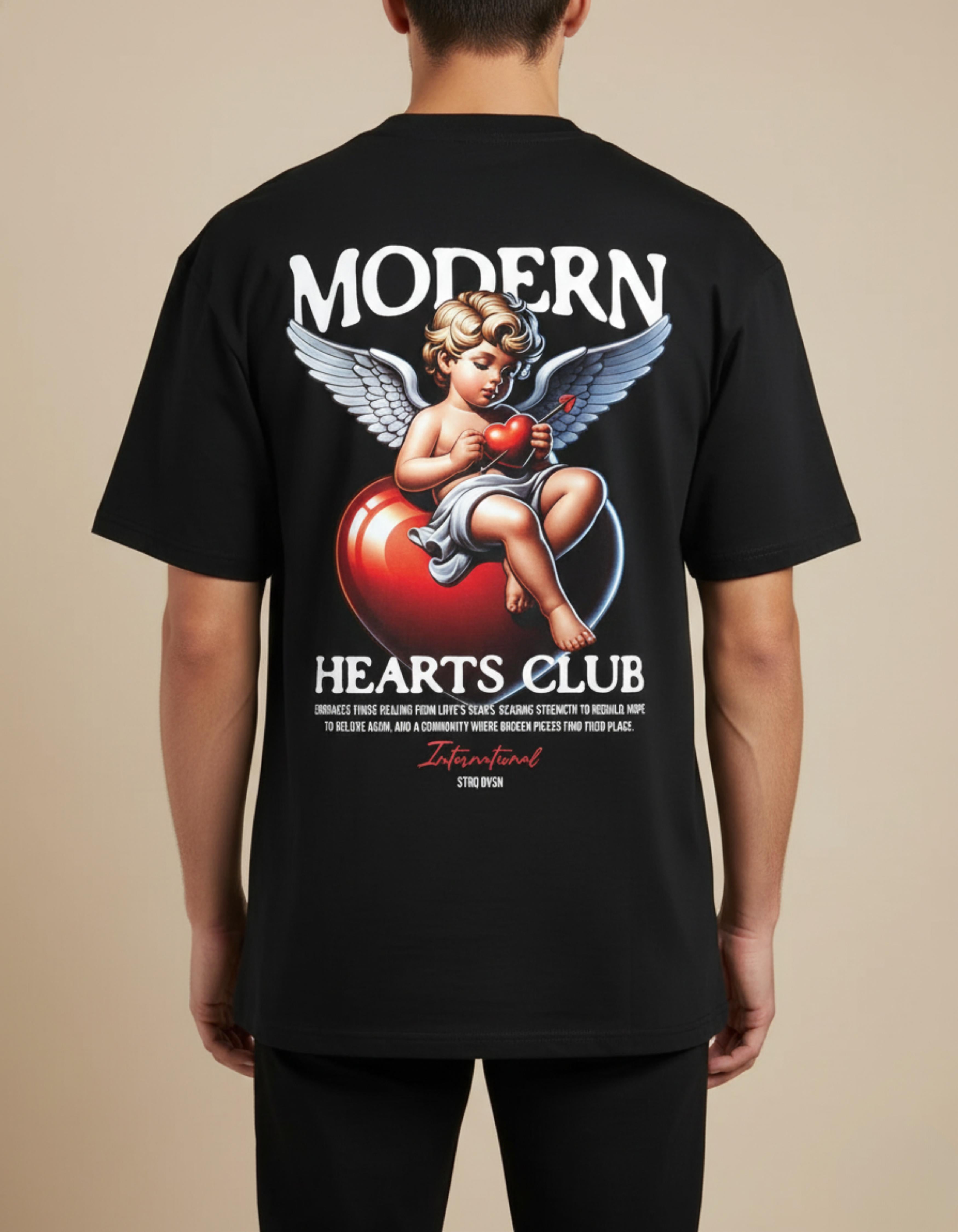 Black Modern Hearts Club Printed T-Shirt