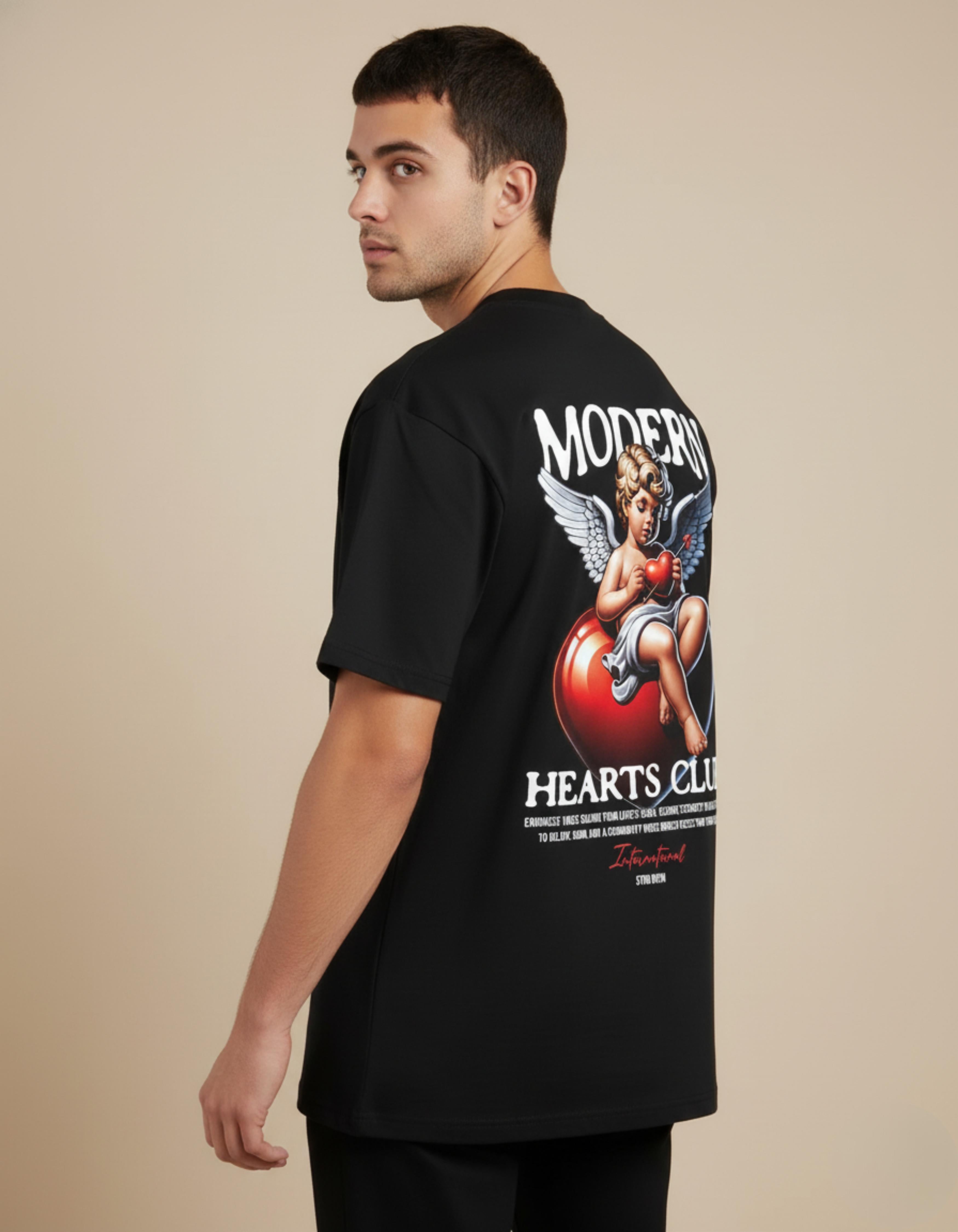 Black Modern Hearts Club Printed T-Shirt