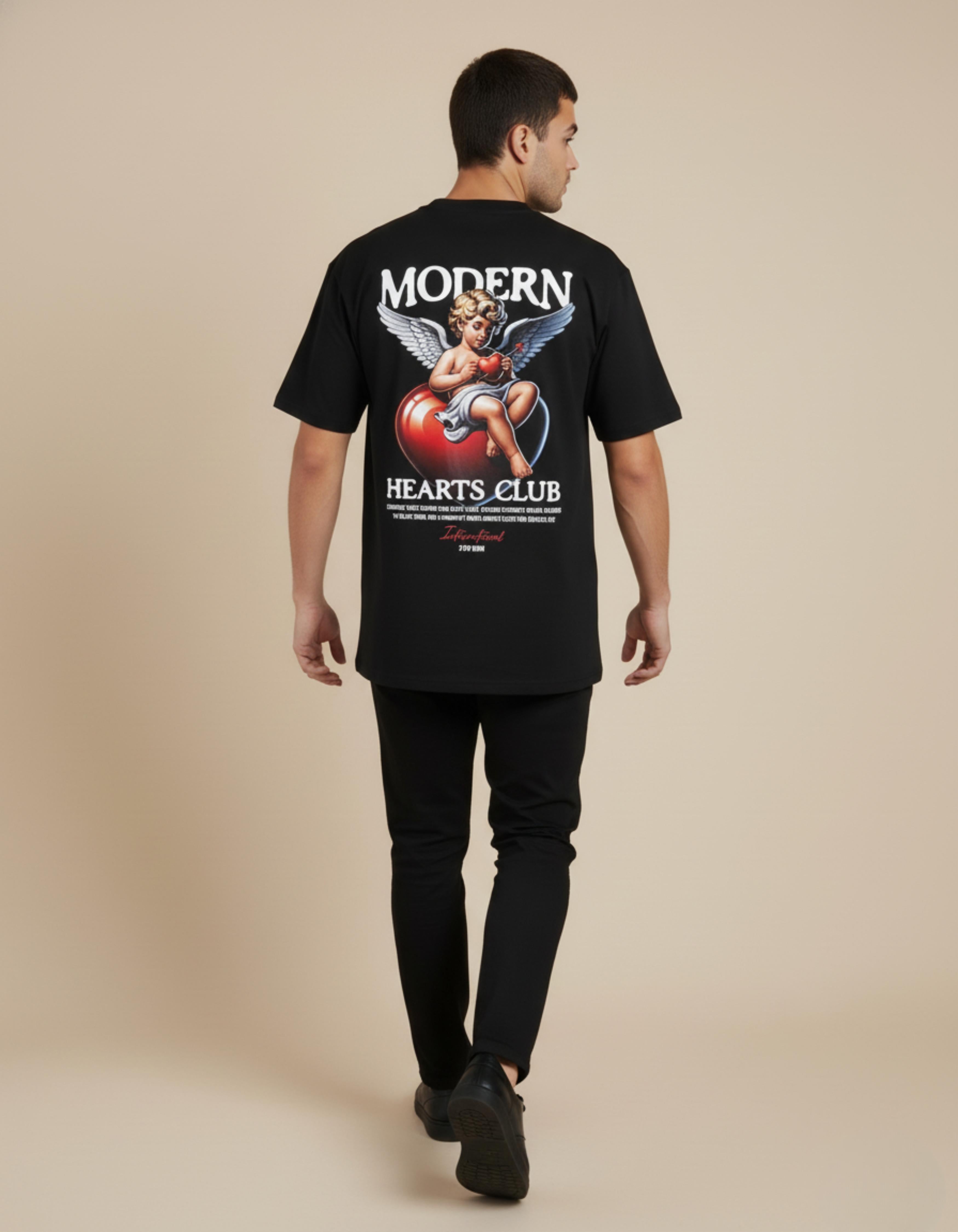 Black Modern Hearts Club Printed T-Shirt