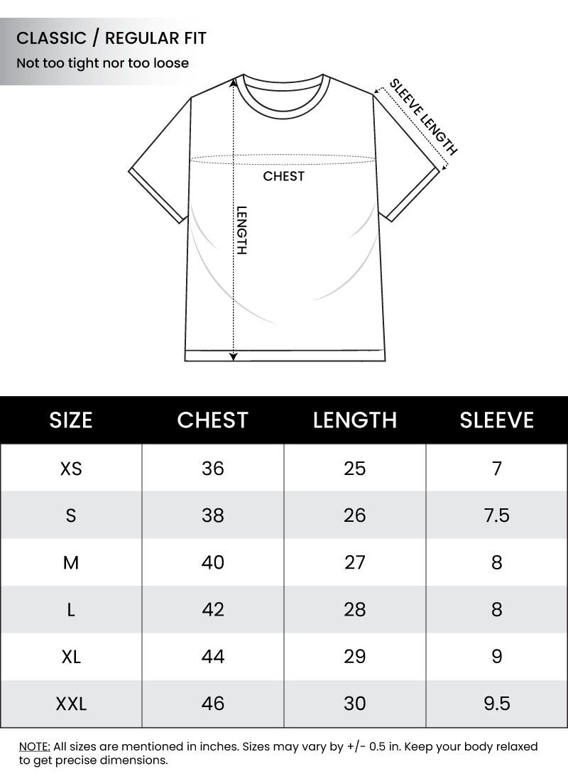 Measurement chart for regular fit t-shirt size with dimensions labeled
