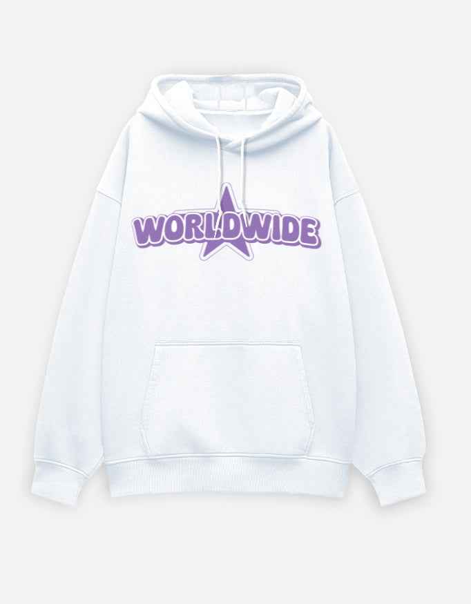 White Worldwide Typography Oversized Hoodie