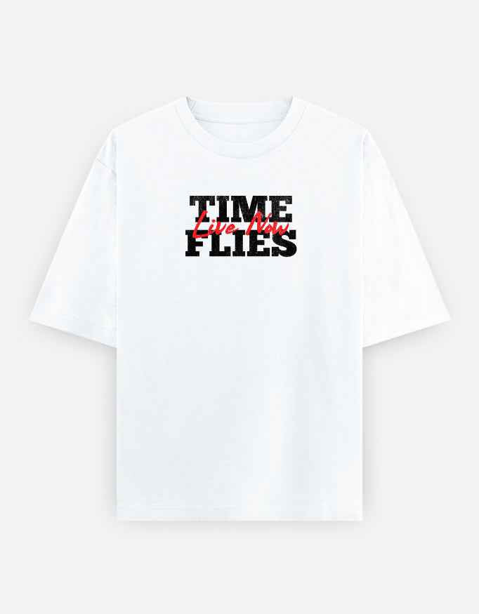 White Time Flies Oversized Typography T-Shirt