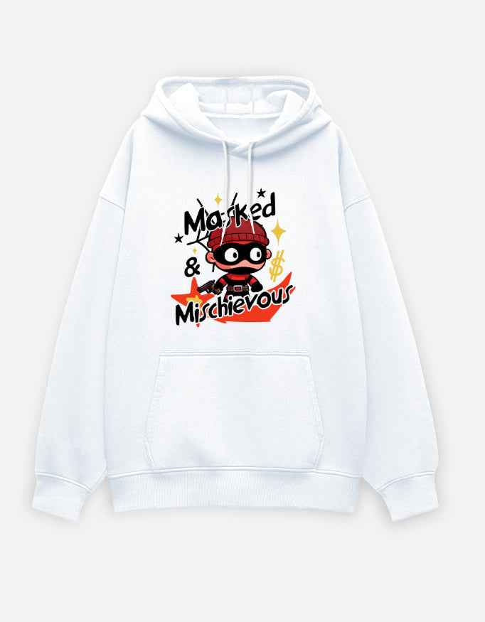 White Masked & Mischievous Printed Oversized Hoodie