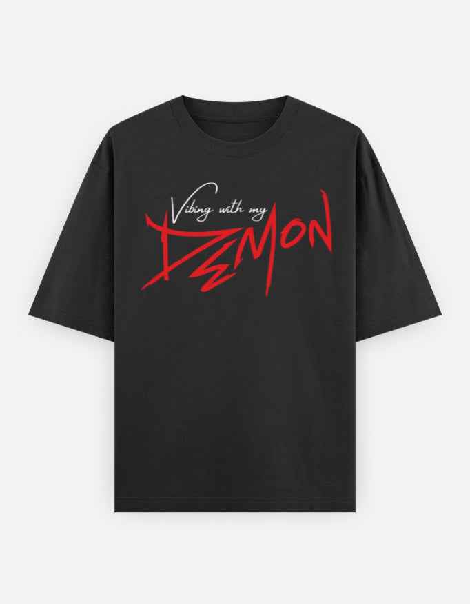 Black Vibing with My Demon Oversized Typography T-Shirt