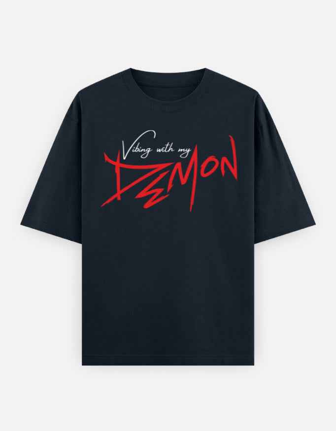 Navy Blue Vibing with My Demon Oversized Typography T-Shirt