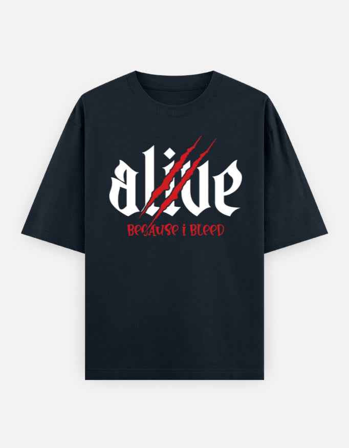 Navy Blue Alive Oversized Typography T-Shirt