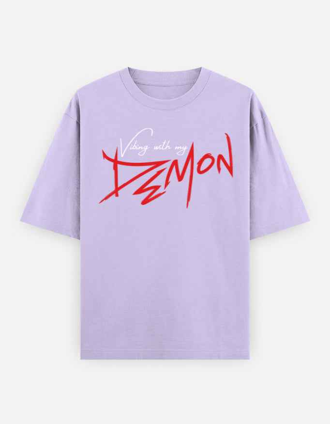 Lavender Vibing with My Demon Oversized Typography T-Shirt