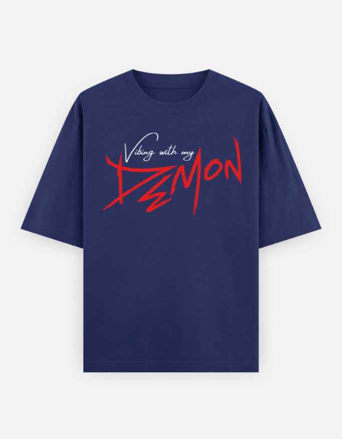 Royal Blue Vibing with My Demon Oversized Typography T-Shirt