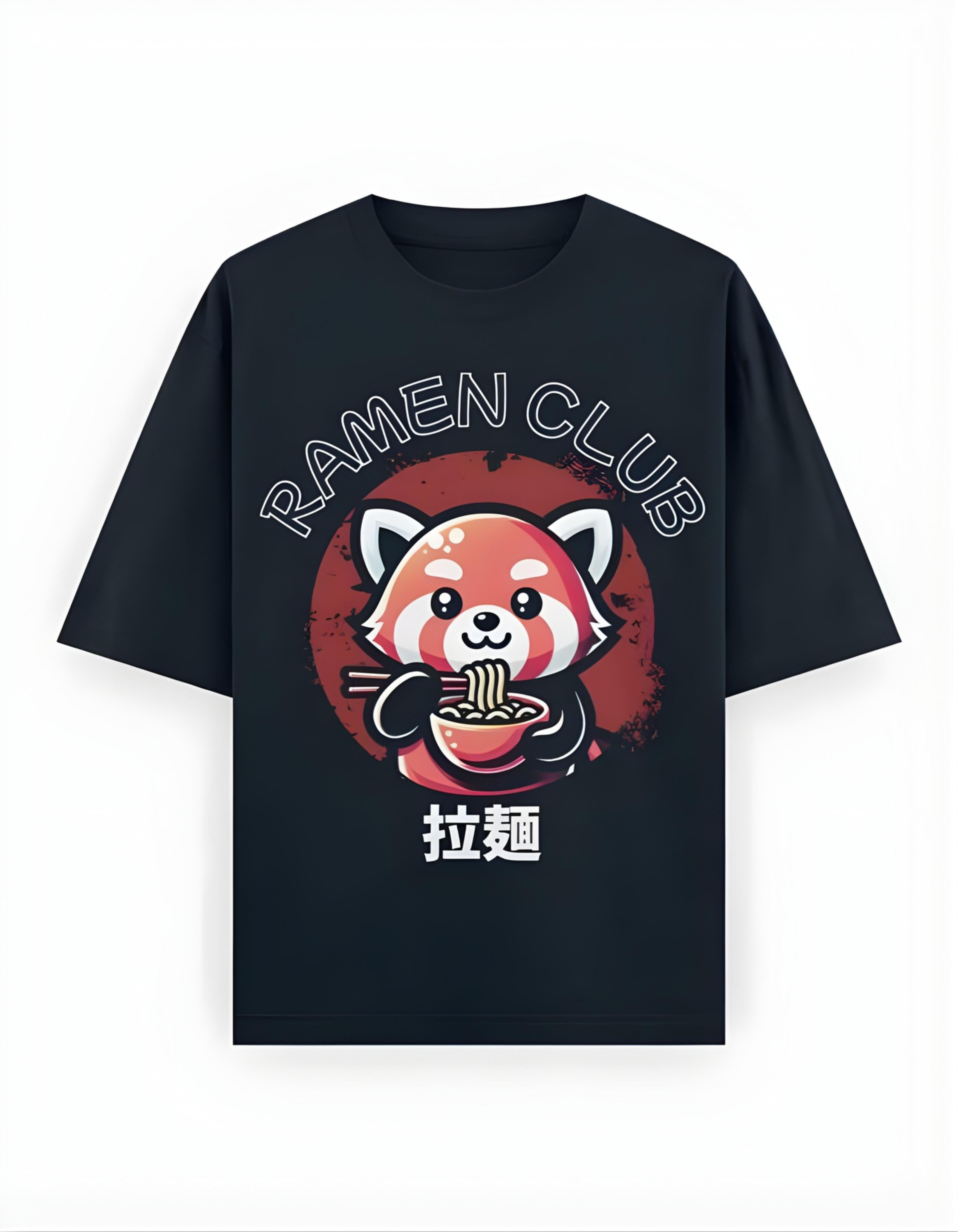 Navy Blue Ramen Club Printed Oversized T-Shirt