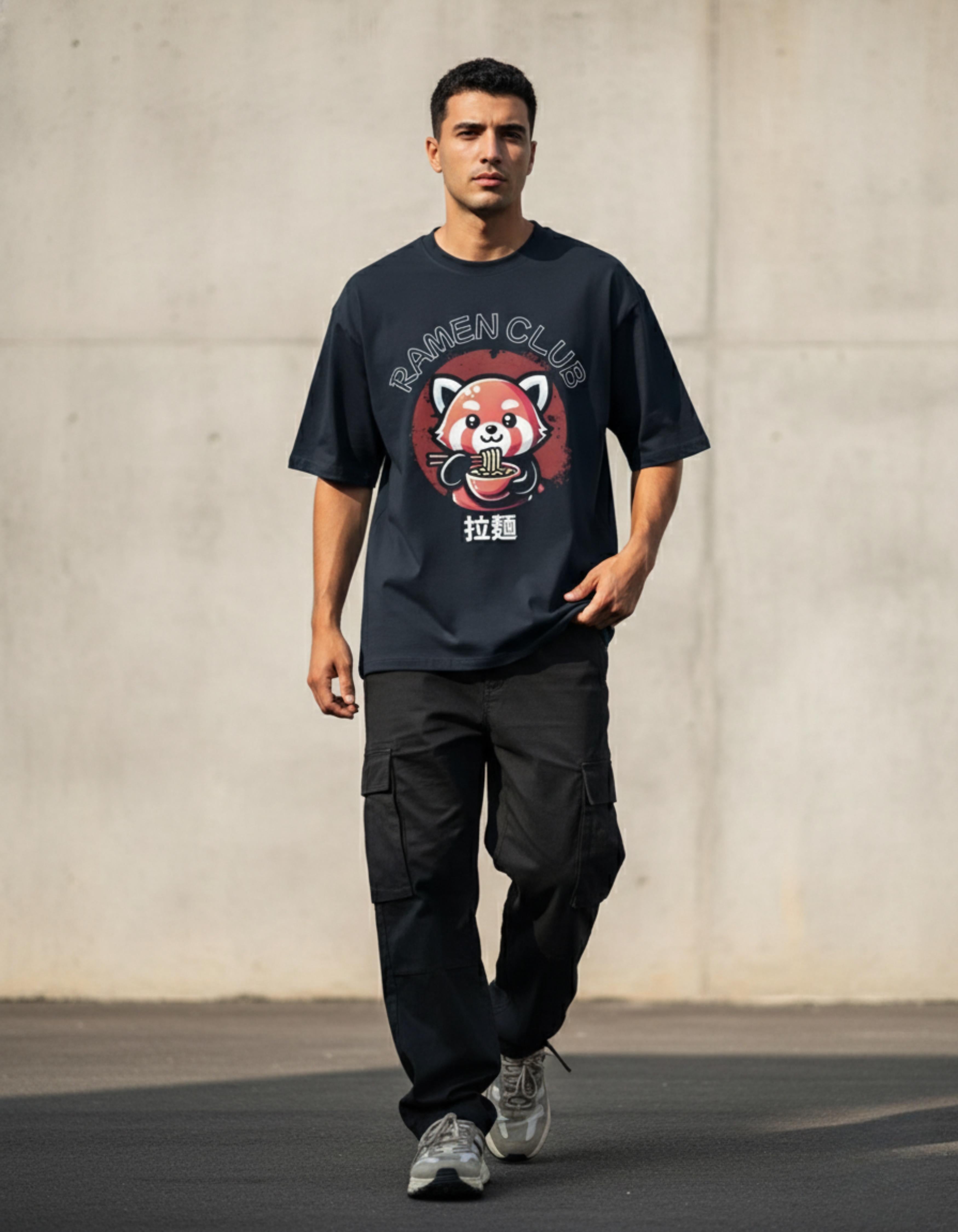 Navy Blue Ramen Club Printed Oversized T-Shirt