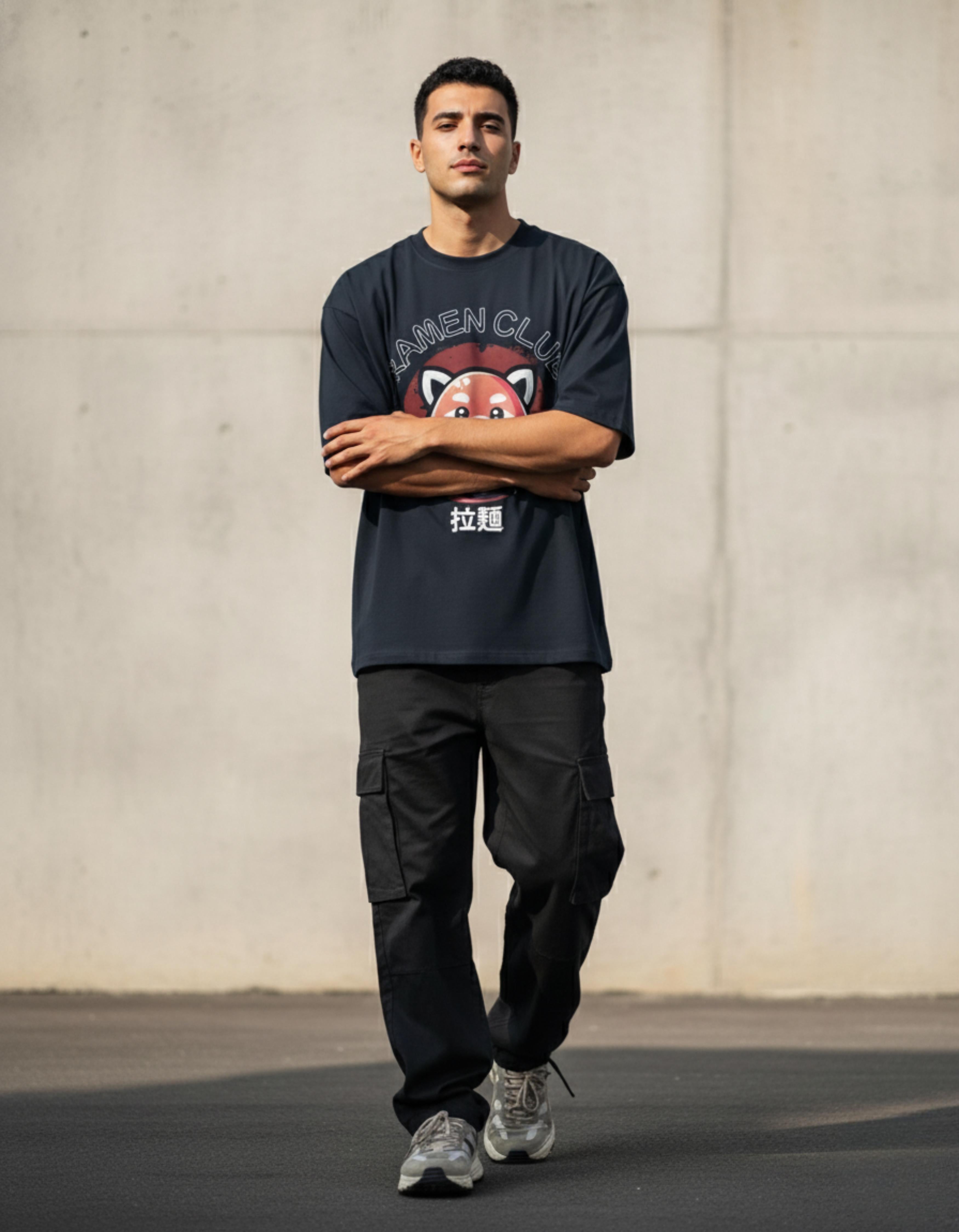 Navy Blue Ramen Club Printed Oversized T-Shirt