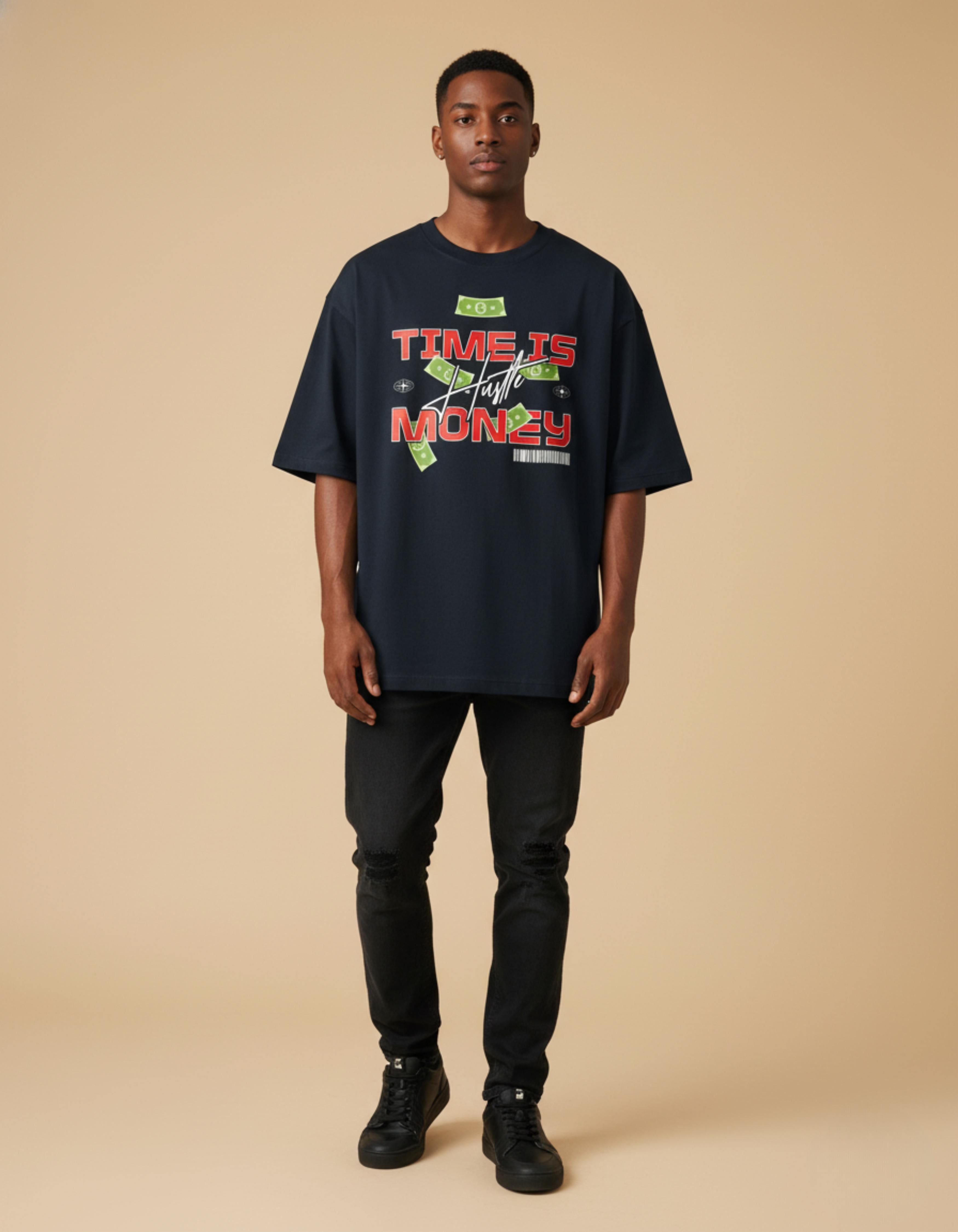 Navy Blue Time is Money Typography Oversized  T-Shirt