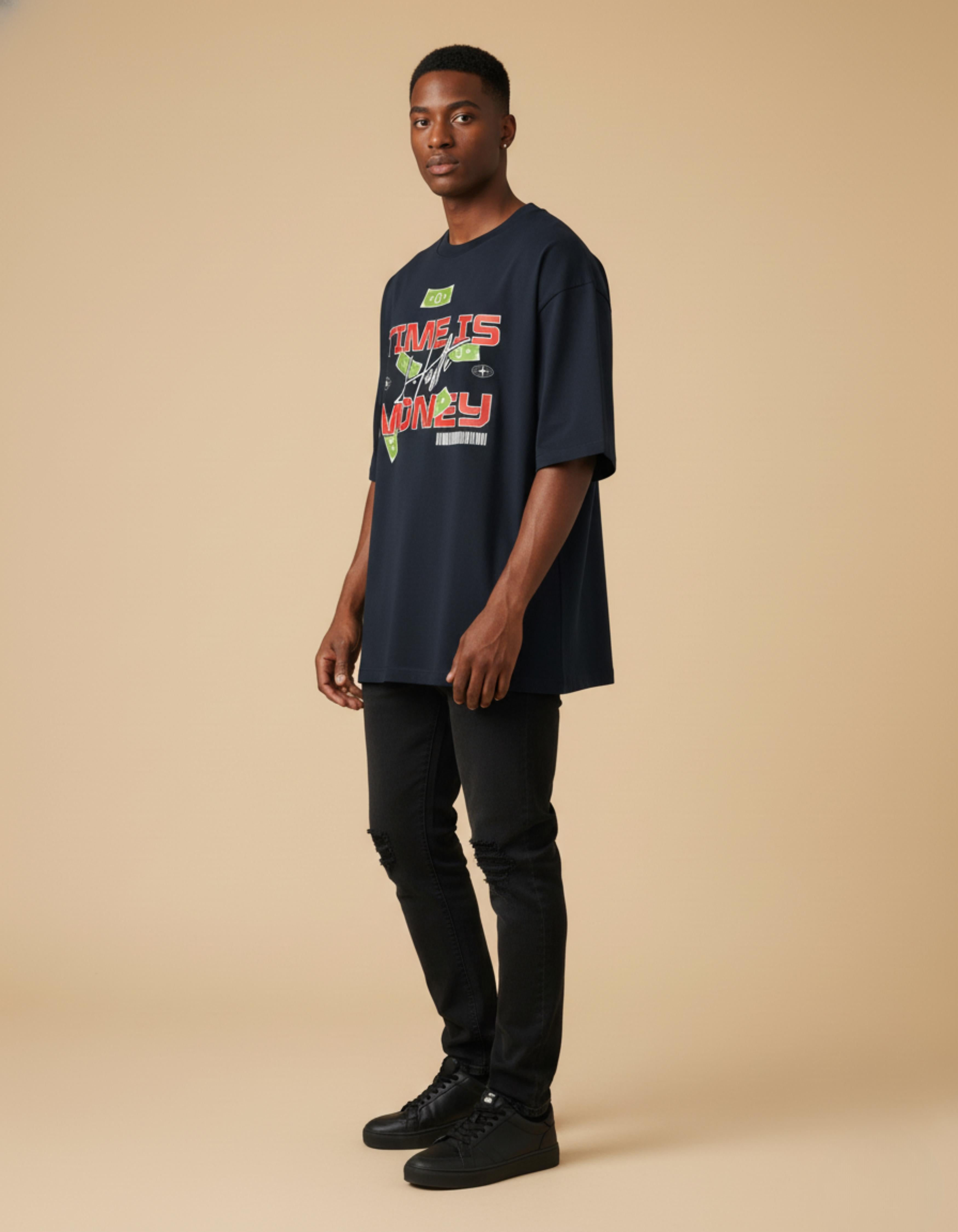 Navy Blue Time is Money Typography Oversized  T-Shirt