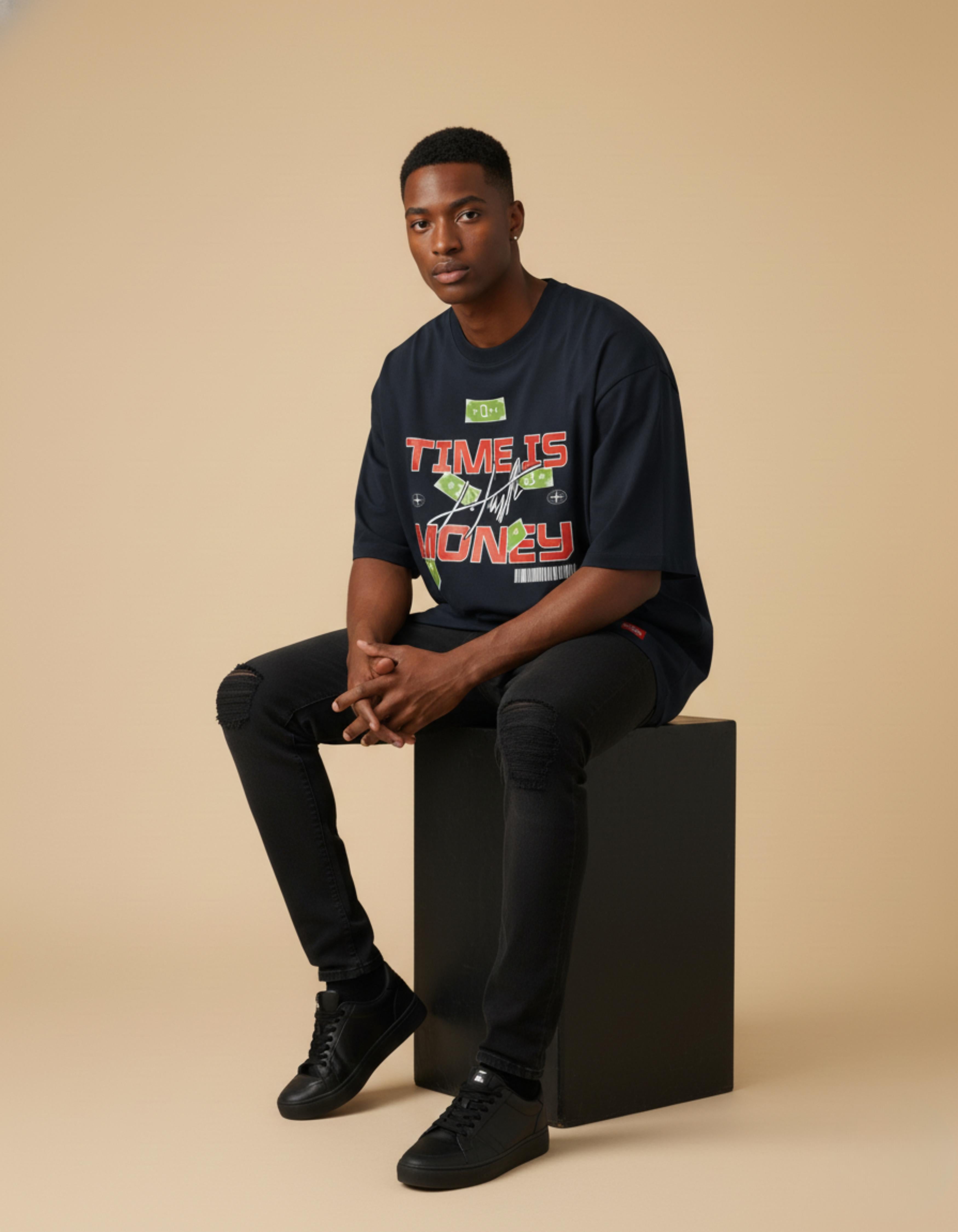 Navy Blue Time is Money Typography Oversized  T-Shirt