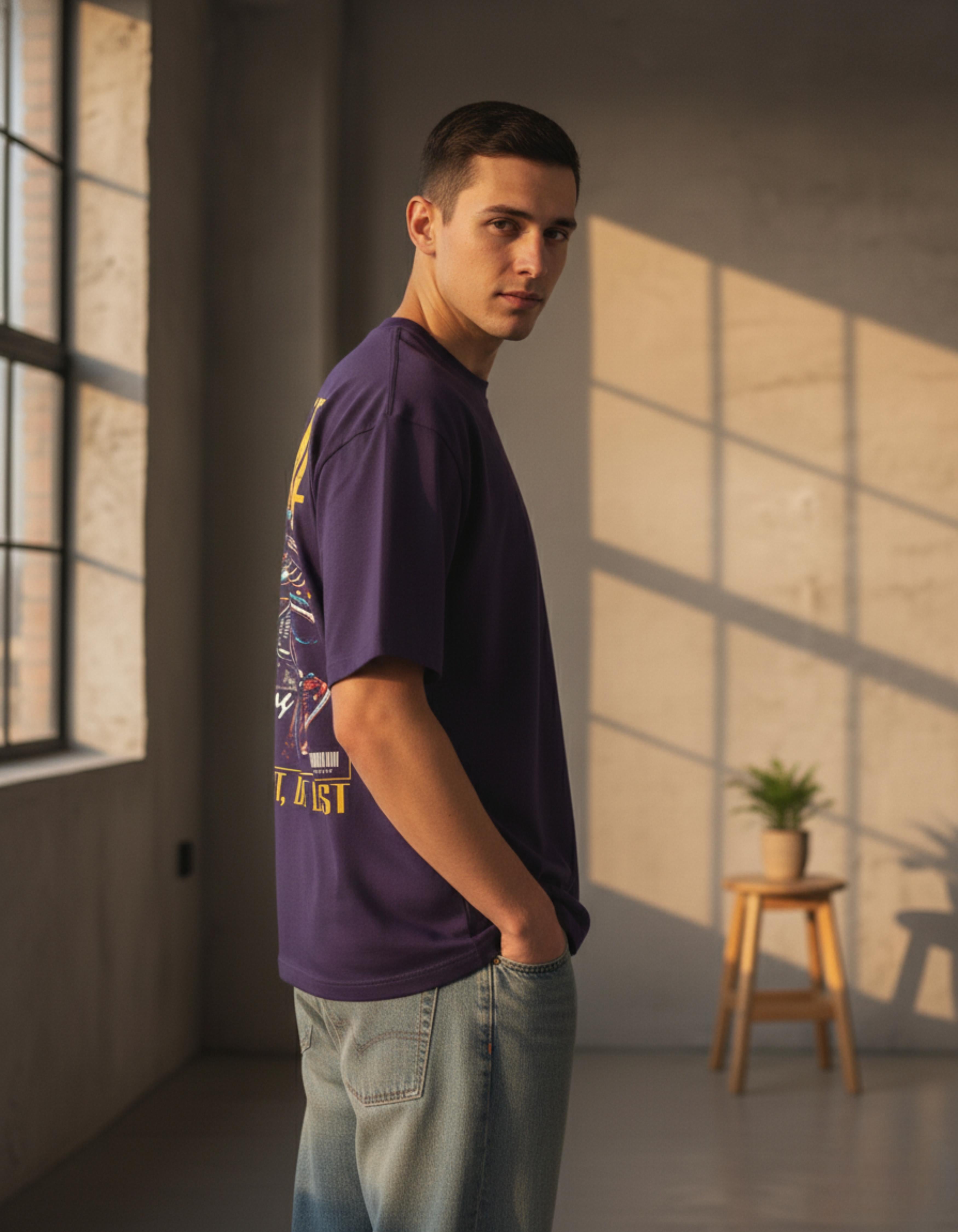 Purple Supreme Riders Printed Oversized T-Shirt