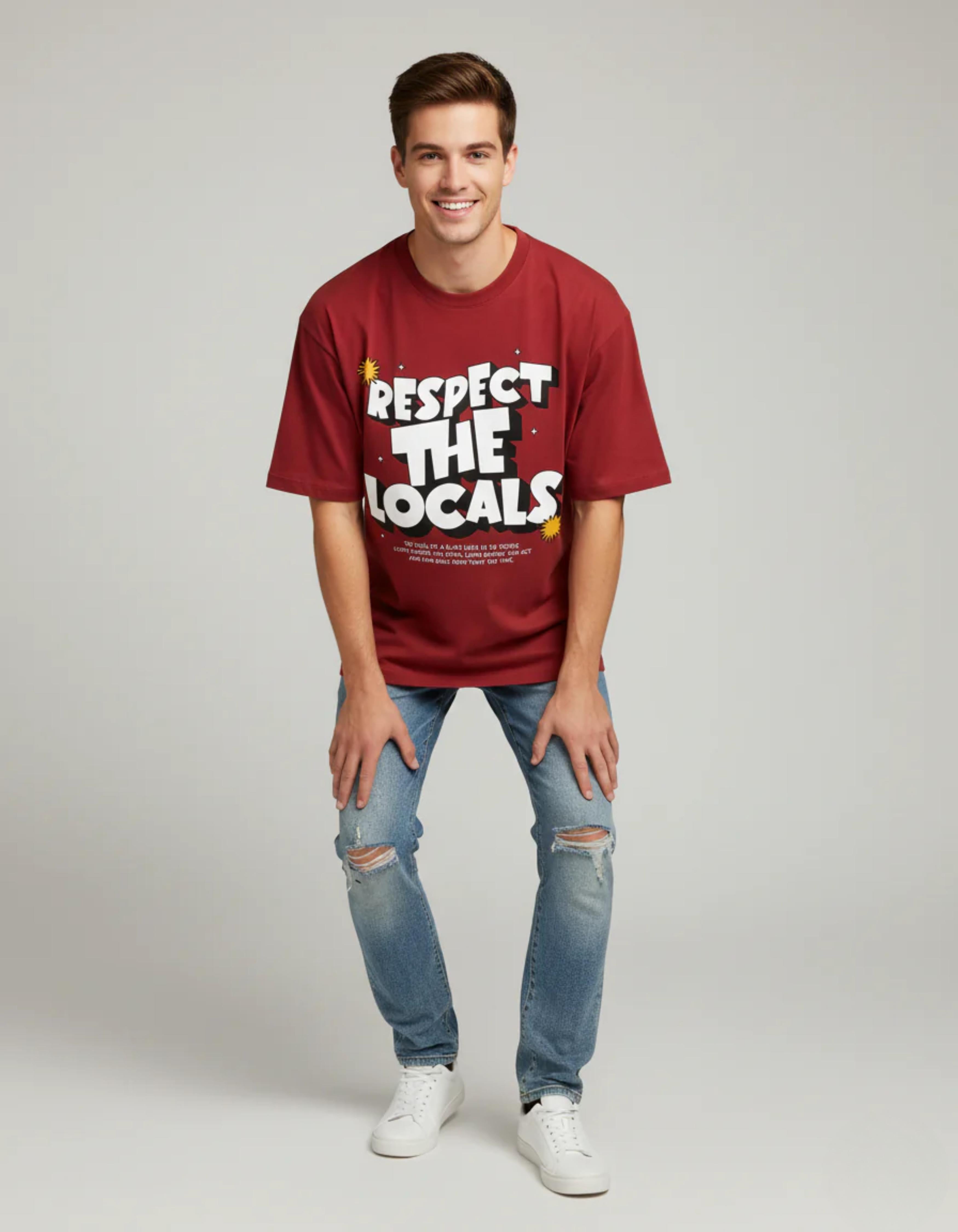 Red Respect the Locals Oversized Typography T-Shirt