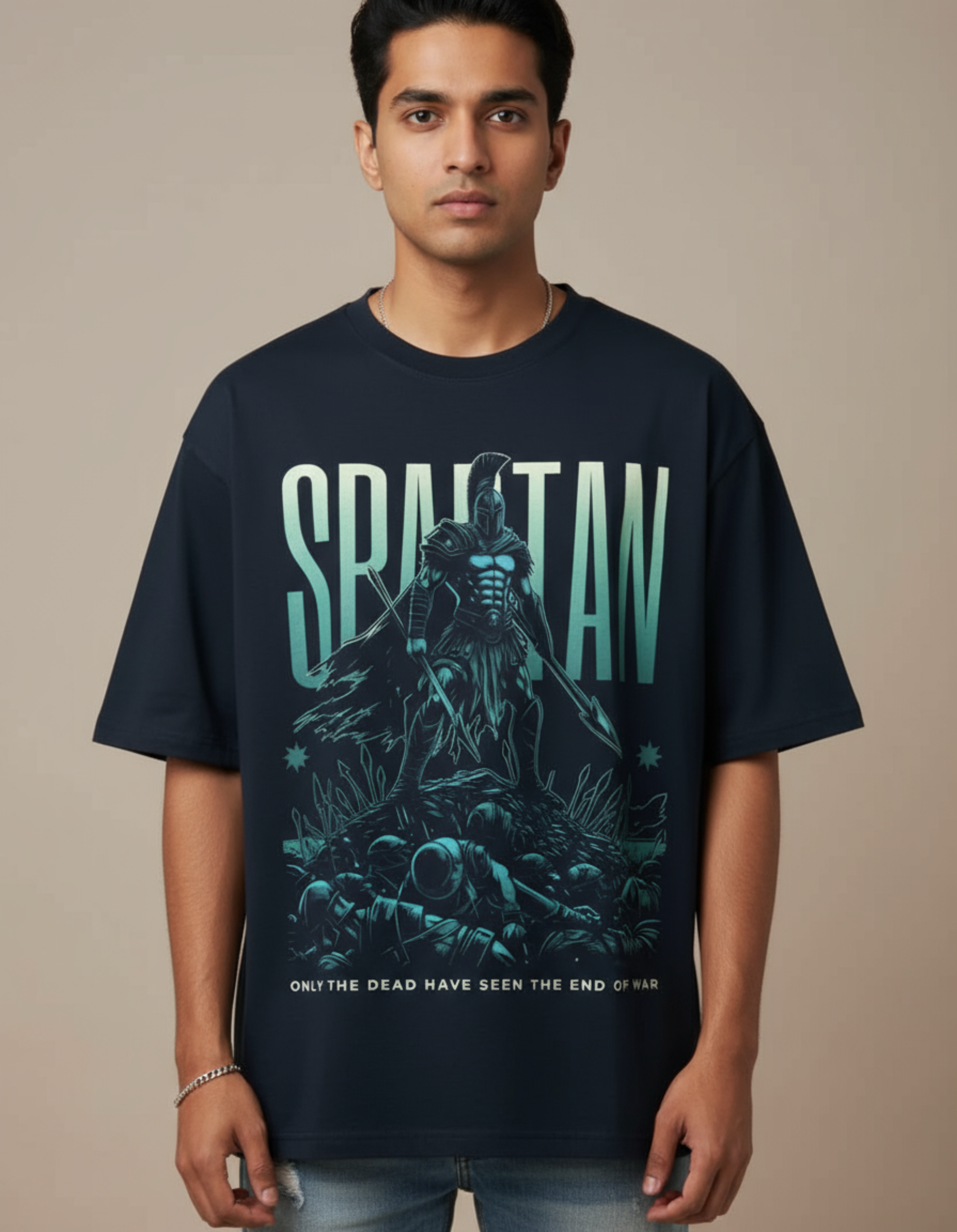 Navy Blue Spartan Printed Oversized T-Shirt