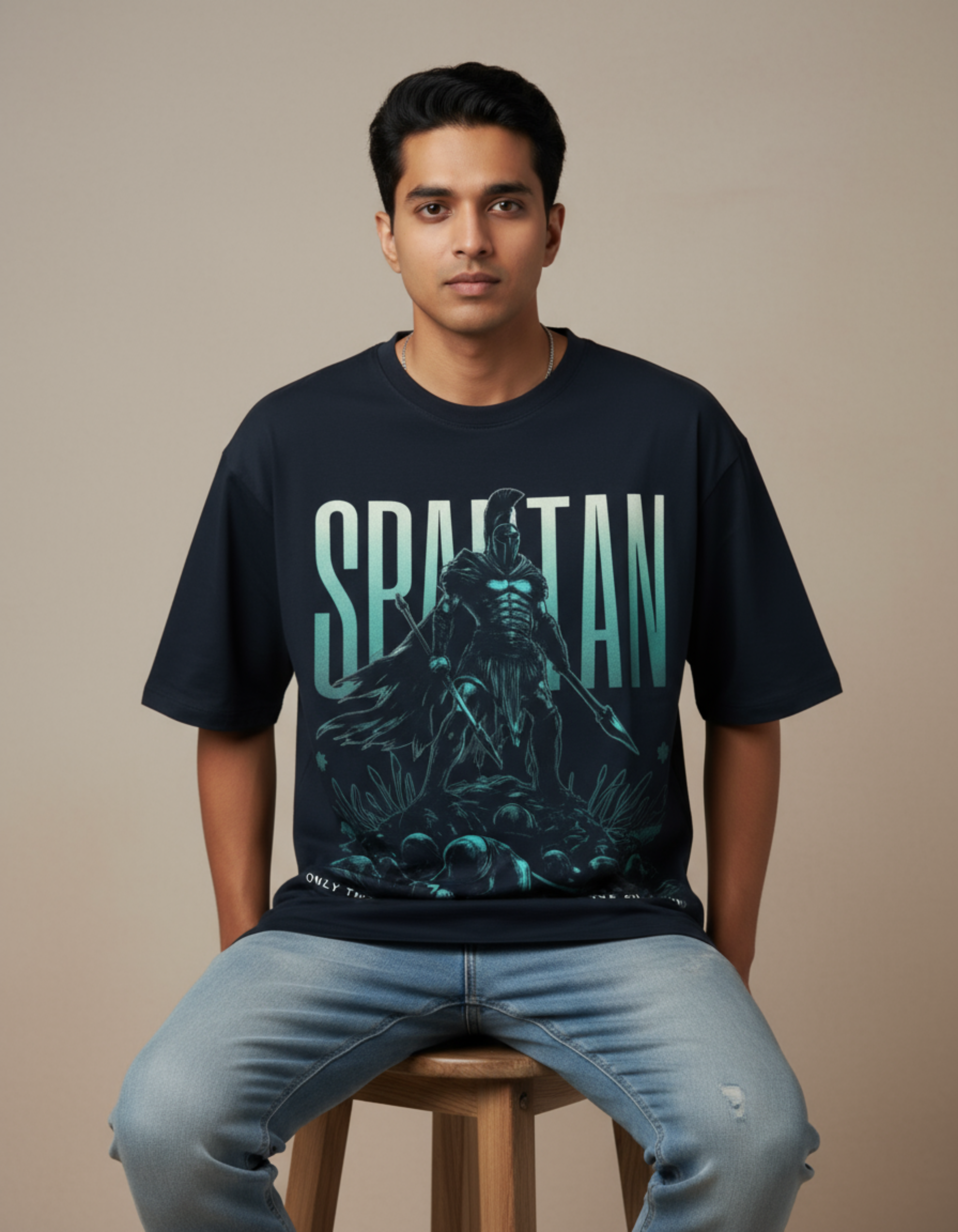 Navy Blue Spartan Printed Oversized T-Shirt