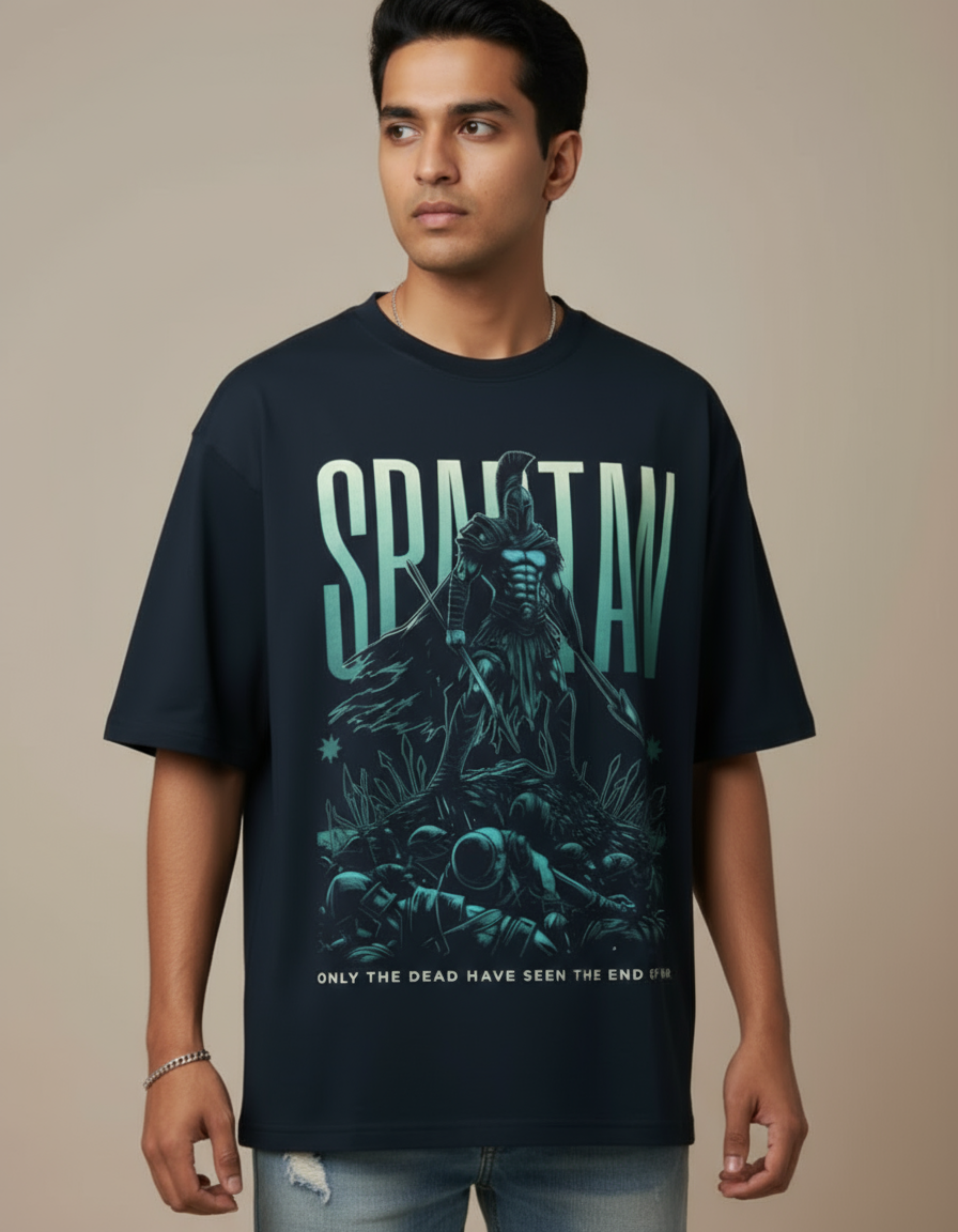 Navy Blue Spartan Printed Oversized T-Shirt
