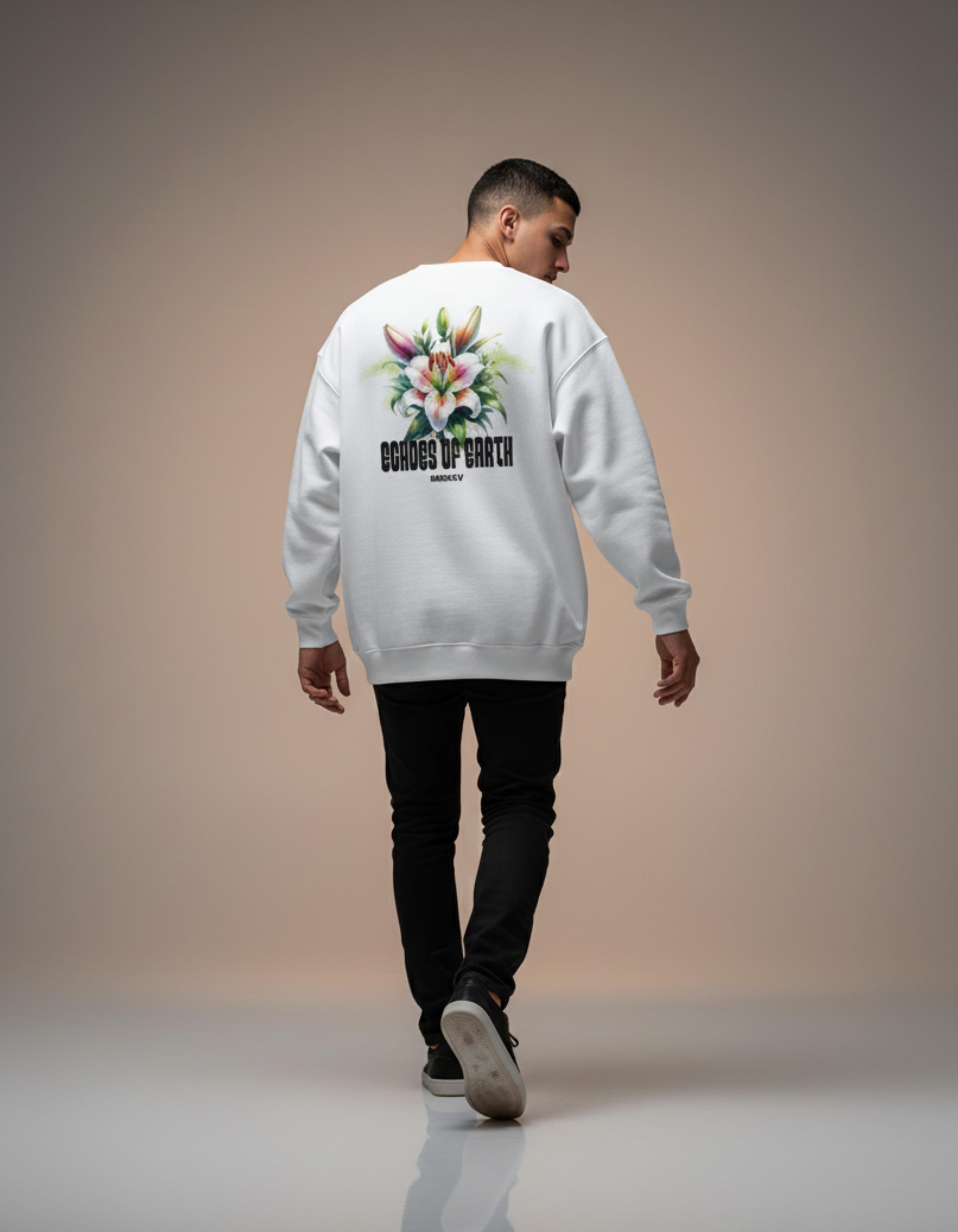 White Echoes of Earth Printed Oversized Sweatshirt