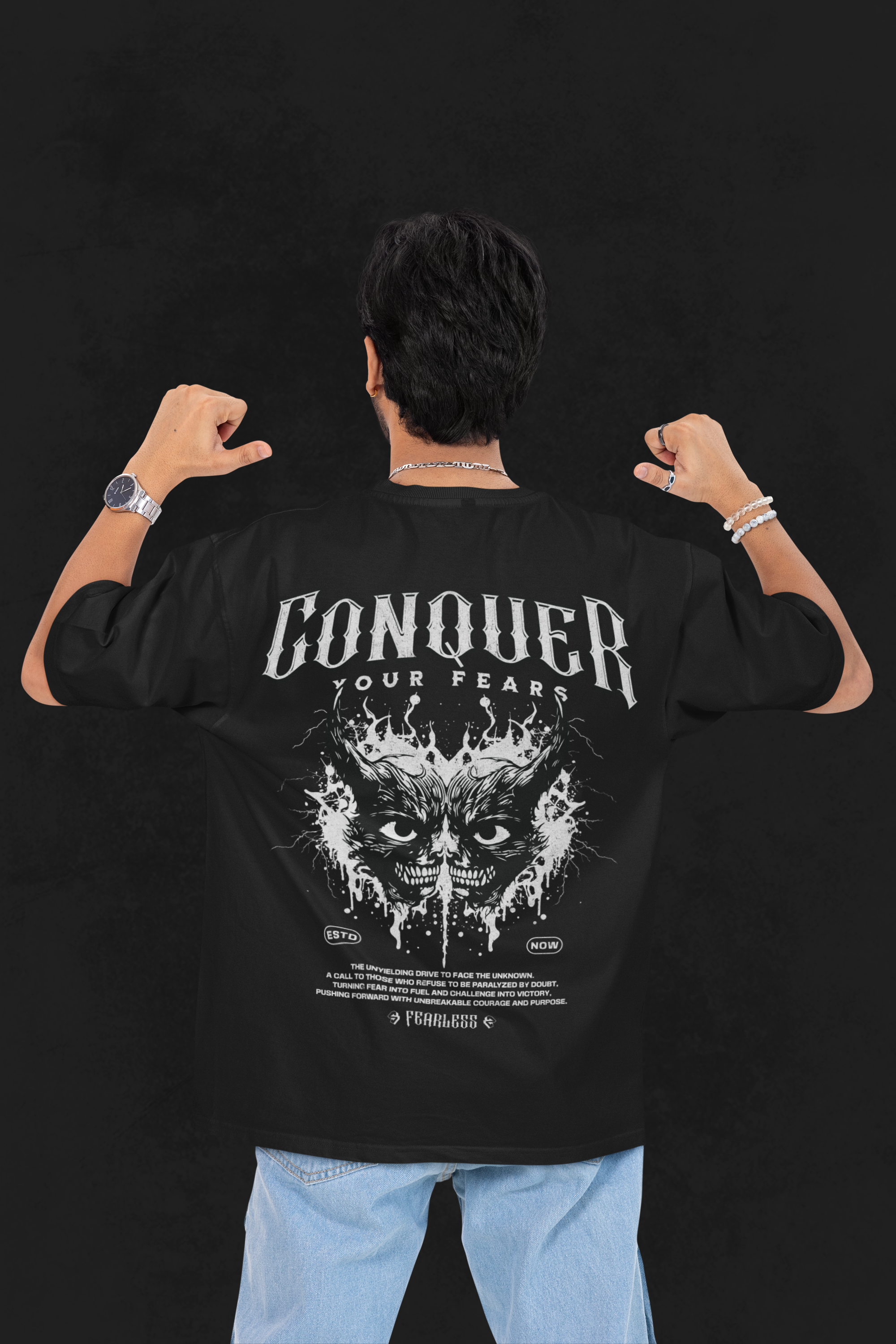 Black Conquer Your Fear Printed Oversized T-Shirt